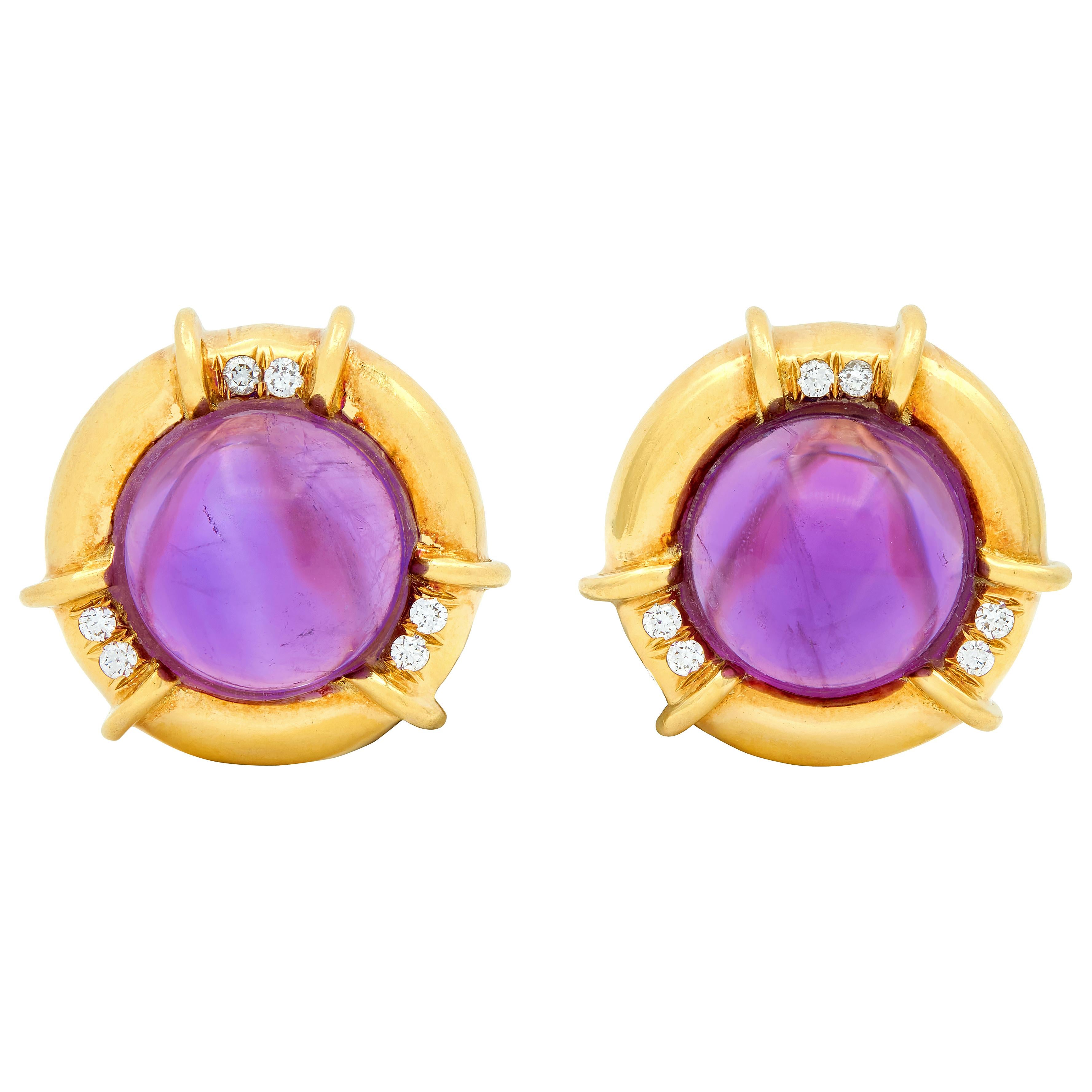 Tiffany & Co. 1985 Amethyst Diamond 18K Gold Vintage Ear-Clip Earrings