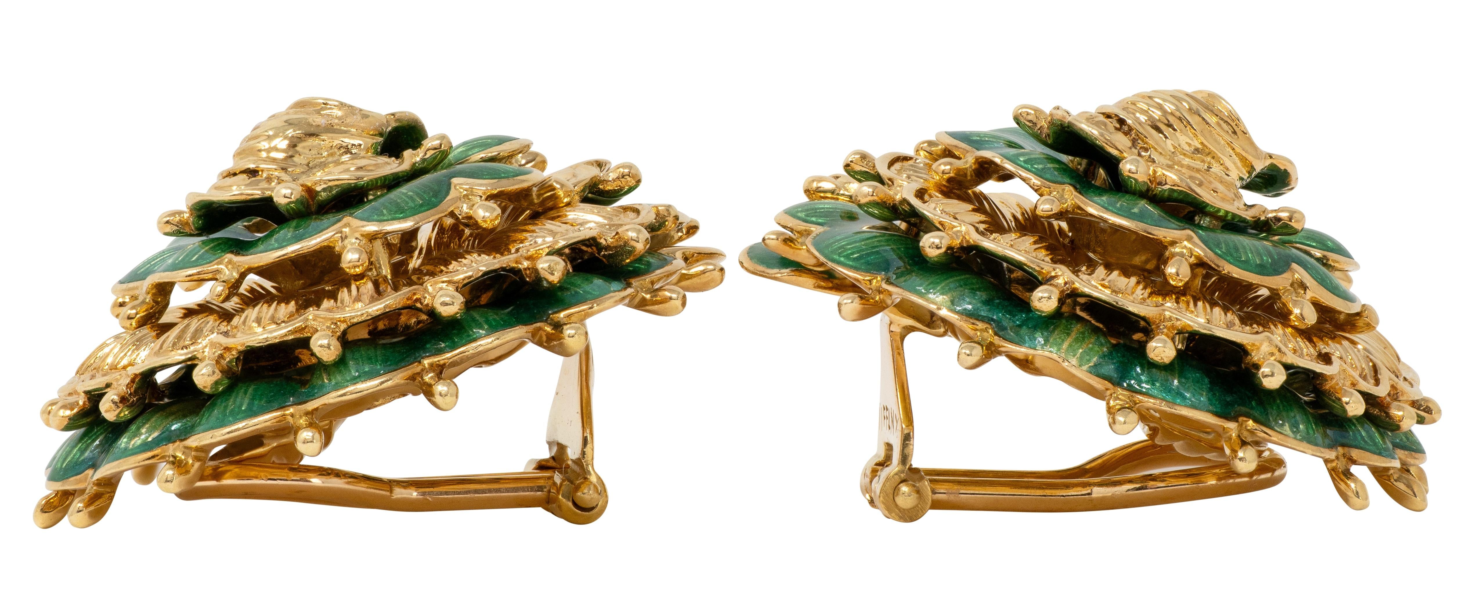 Tiffany & Co. 1960 Basse-Taille Enamel 18K Gold Vintage Flower Ear-Clip Earrings