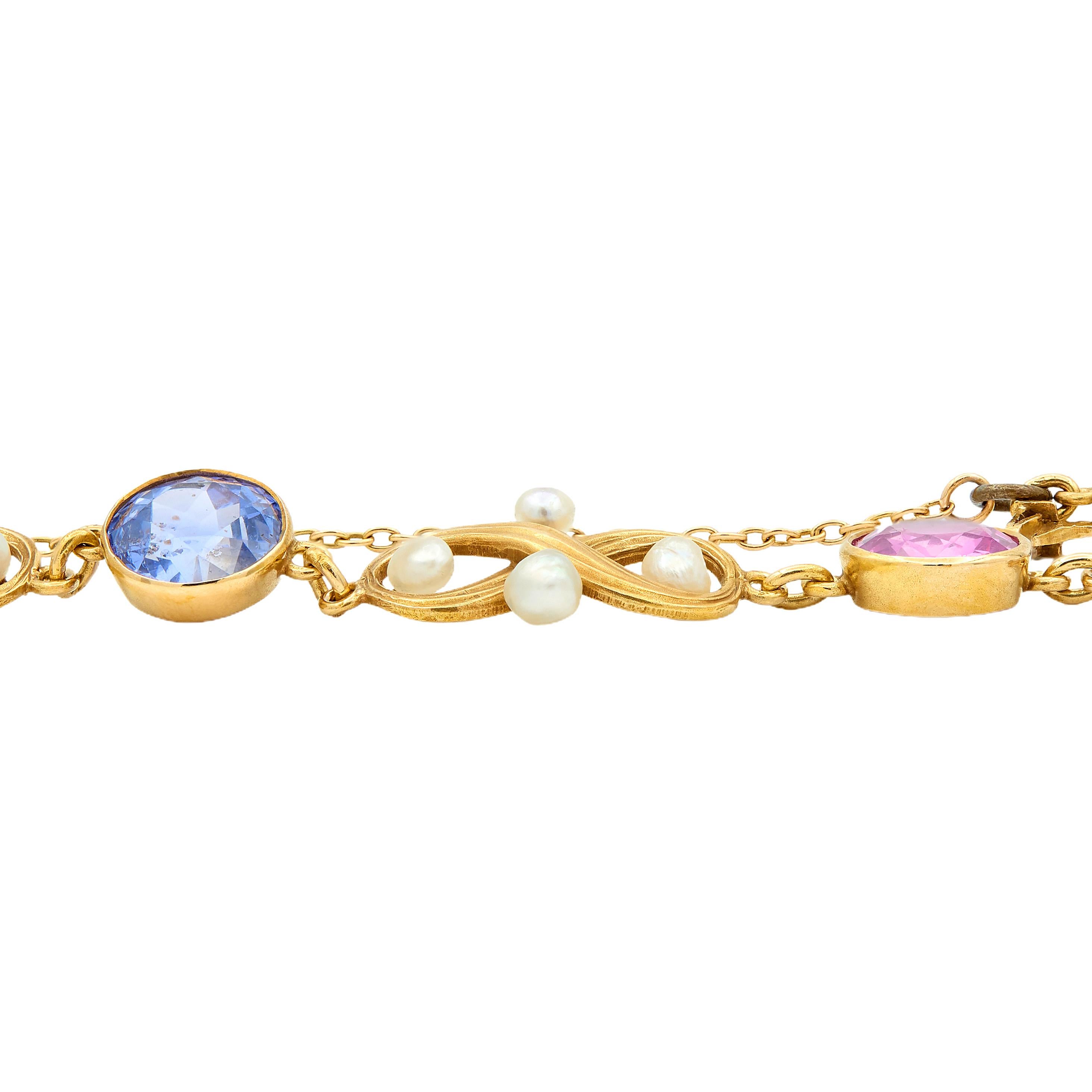 Art Nouveau Multi-Gem Sapphire 14K Yellow Gold Antique Infinity Link Bracelet
