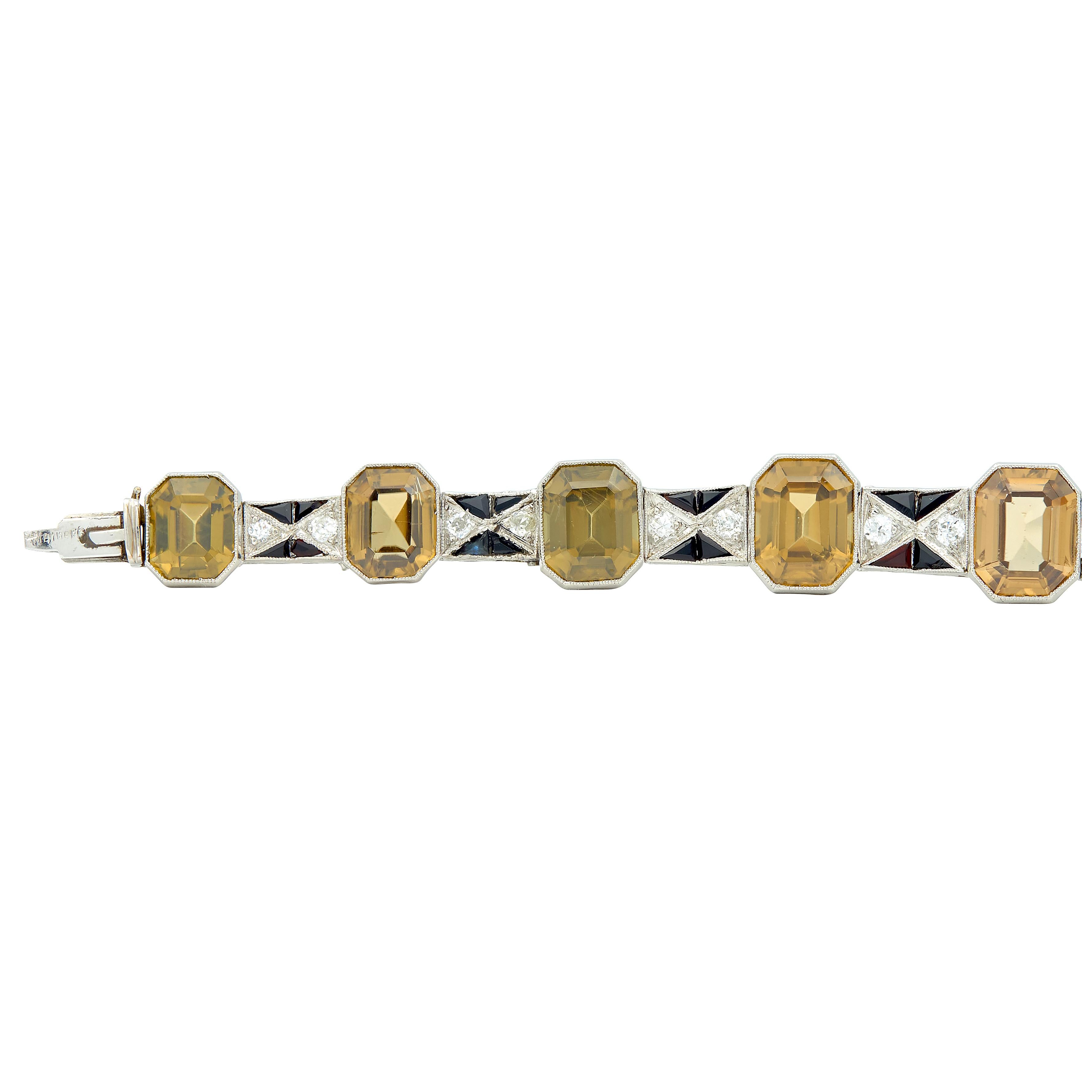 Menner Art Deco Zircon Diamond Onyx Platinum Vintage Geometric Line Bracelet