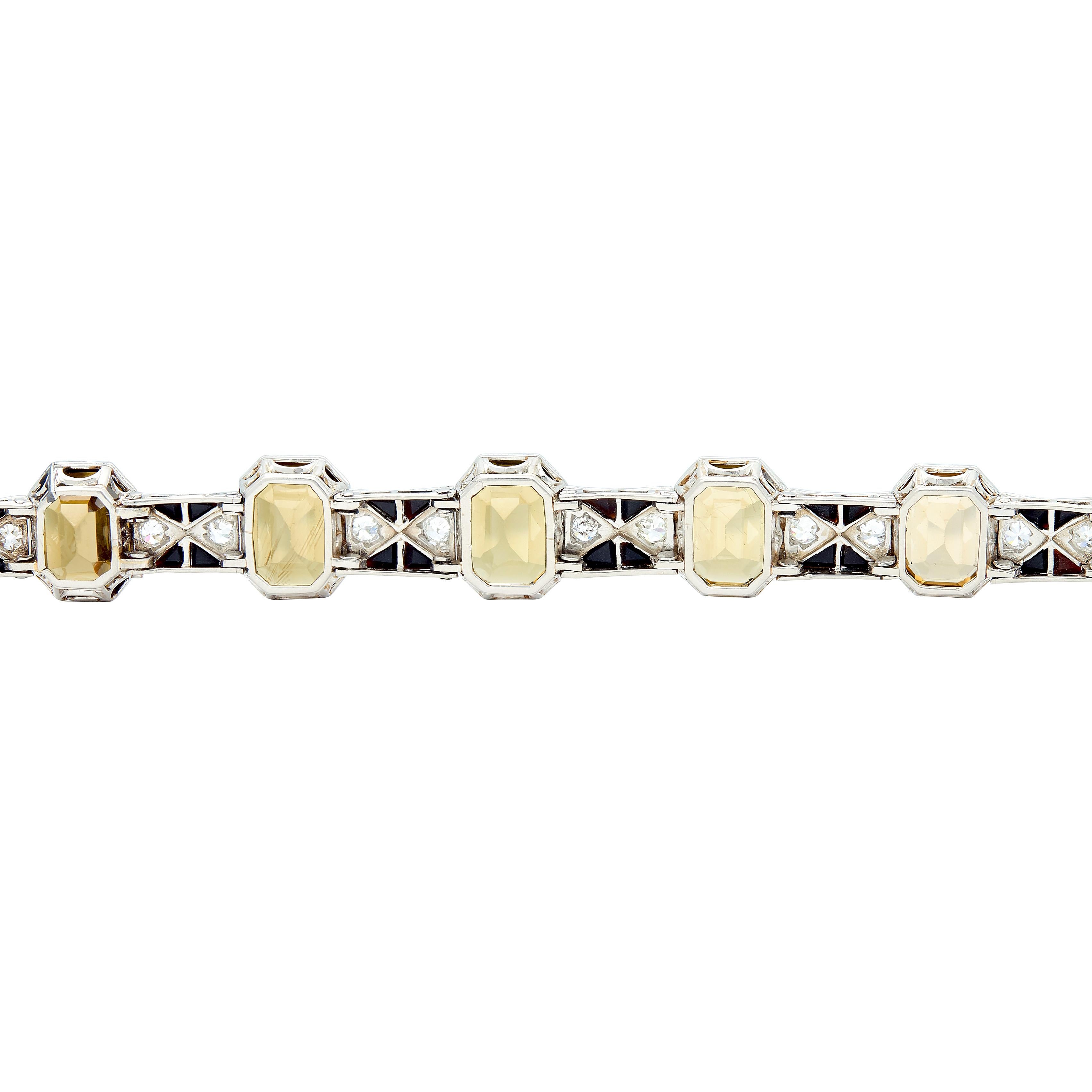 Menner Art Deco Zircon Diamond Onyx Platinum Vintage Geometric Line Bracelet