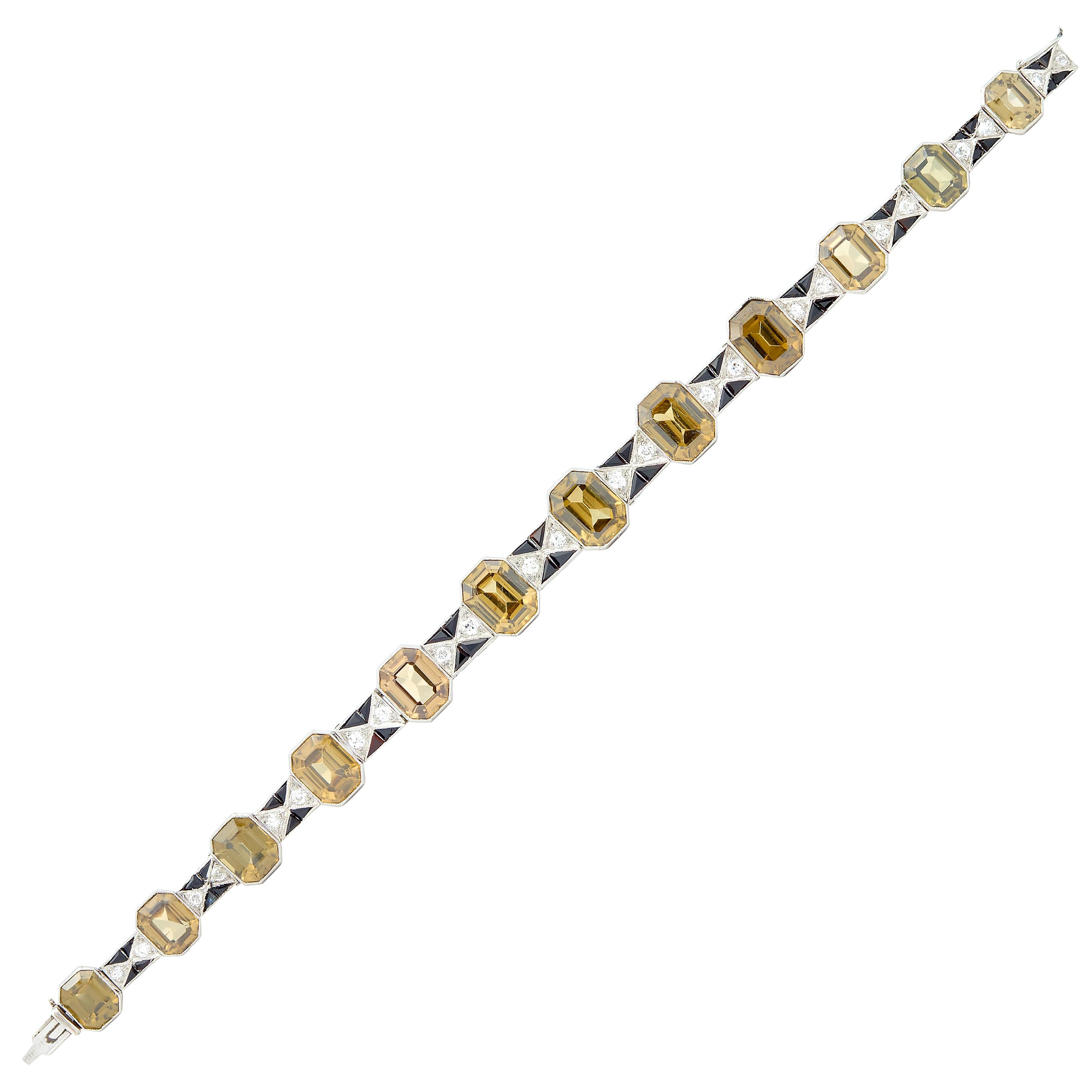 Menner Art Deco Zircon Diamond Onyx Platinum Vintage Geometric Line Bracelet
