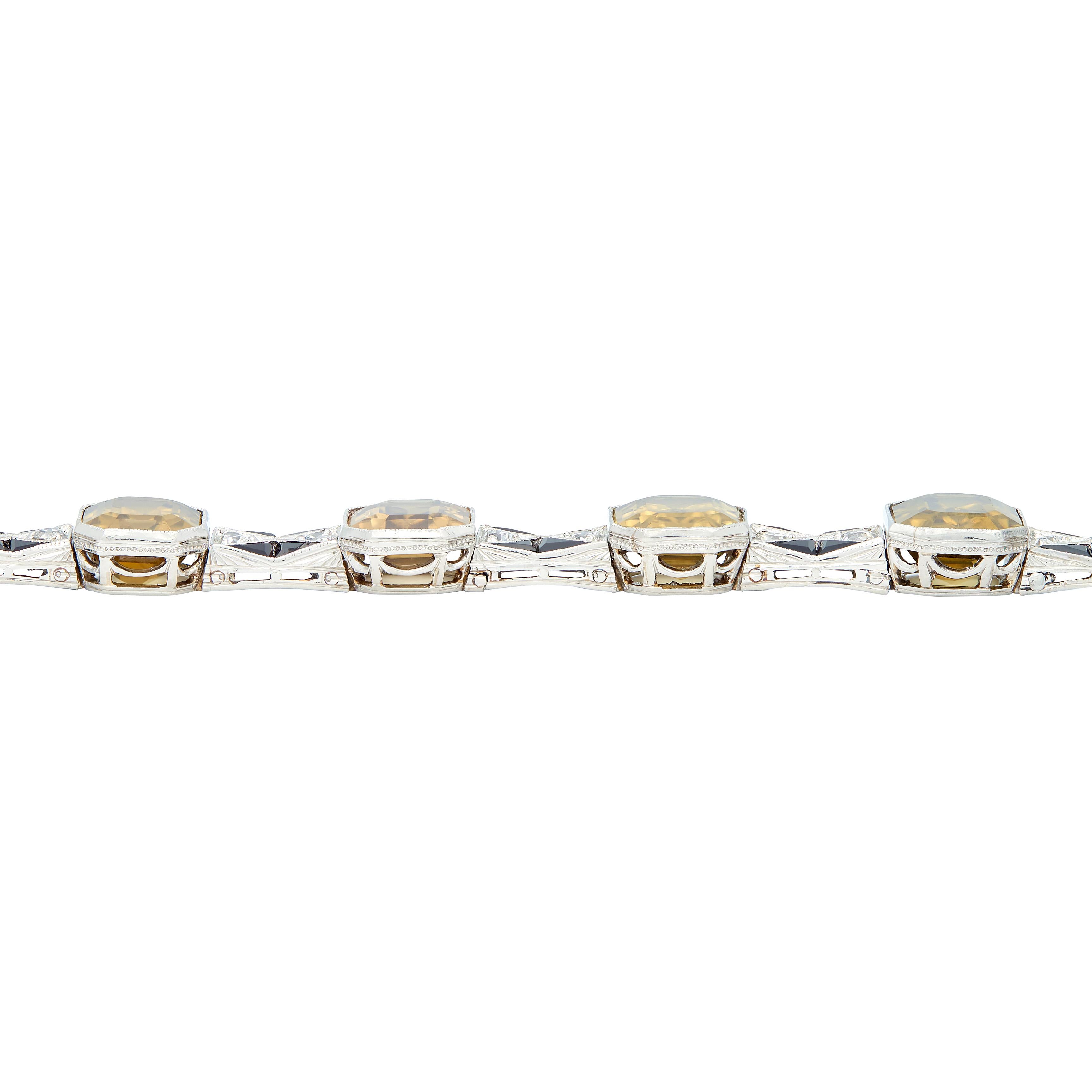 Menner Art Deco Zircon Diamond Onyx Platinum Vintage Geometric Line Bracelet