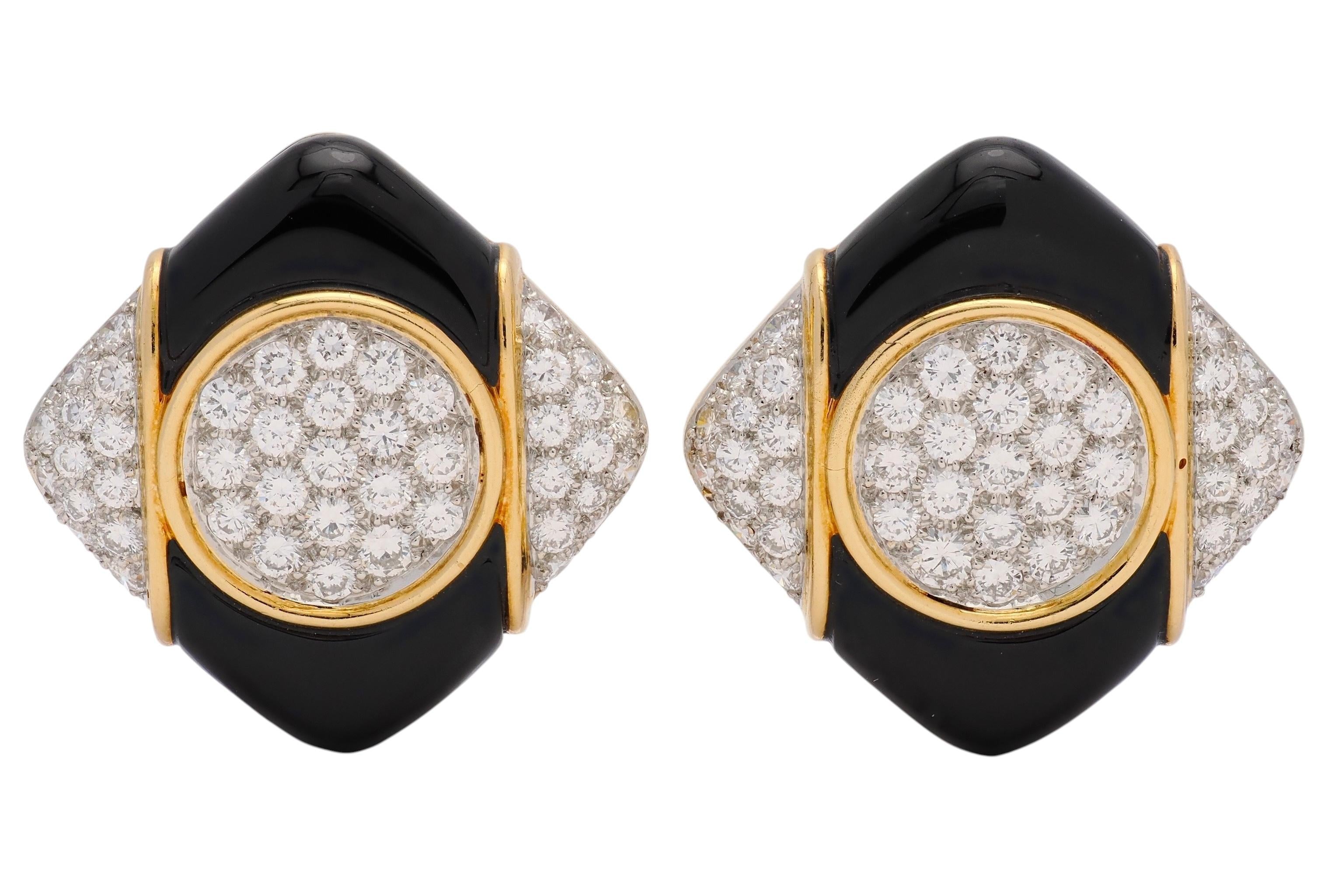 Tiffany & Co. 1980's Diamond Onyx 18K Gold Platinum Vintage Ear-Clip Earrings