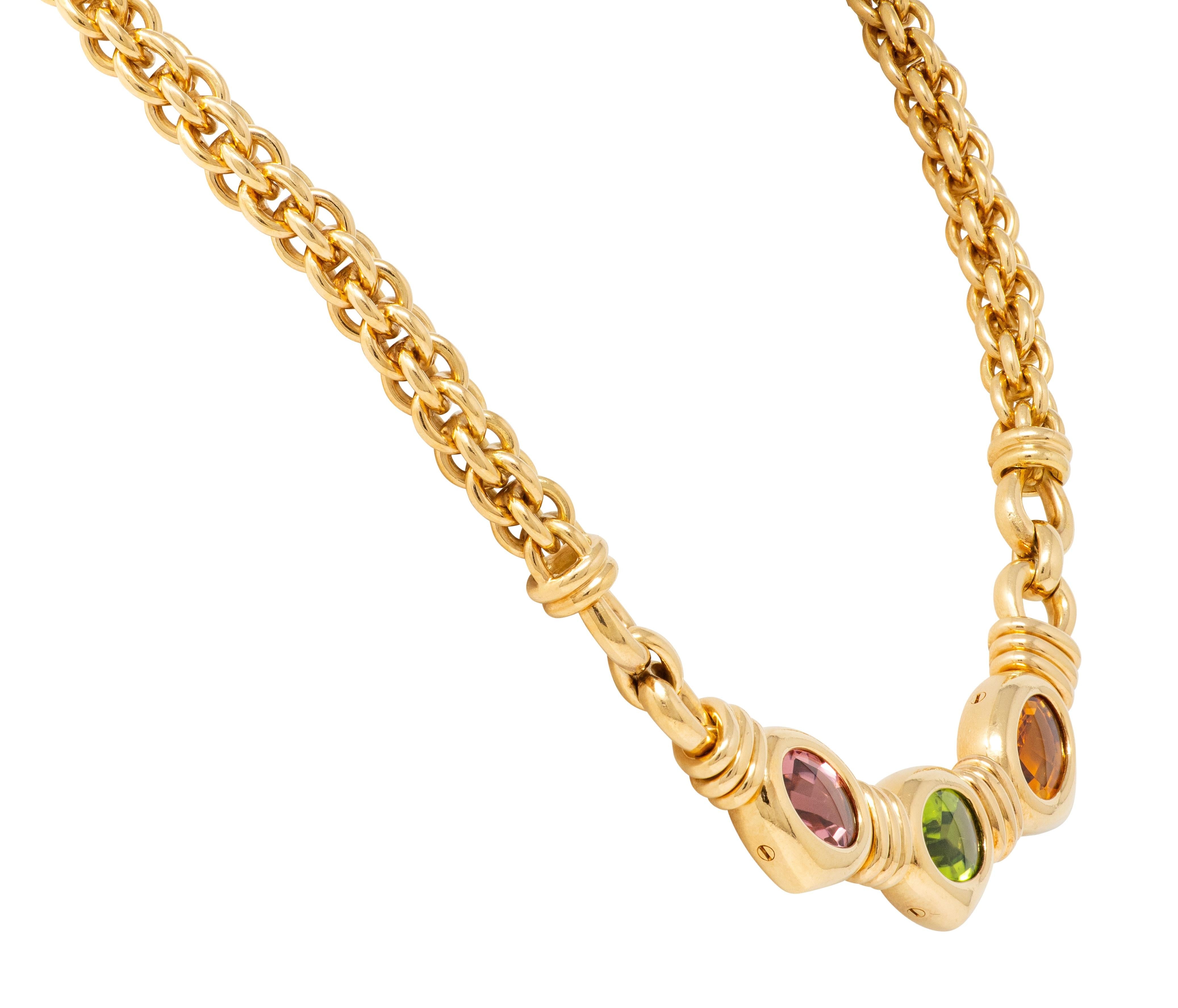 Bulgari 1980's Multi-Gem 18K YG 18K Gold Vintage Three Stone Station Necklace