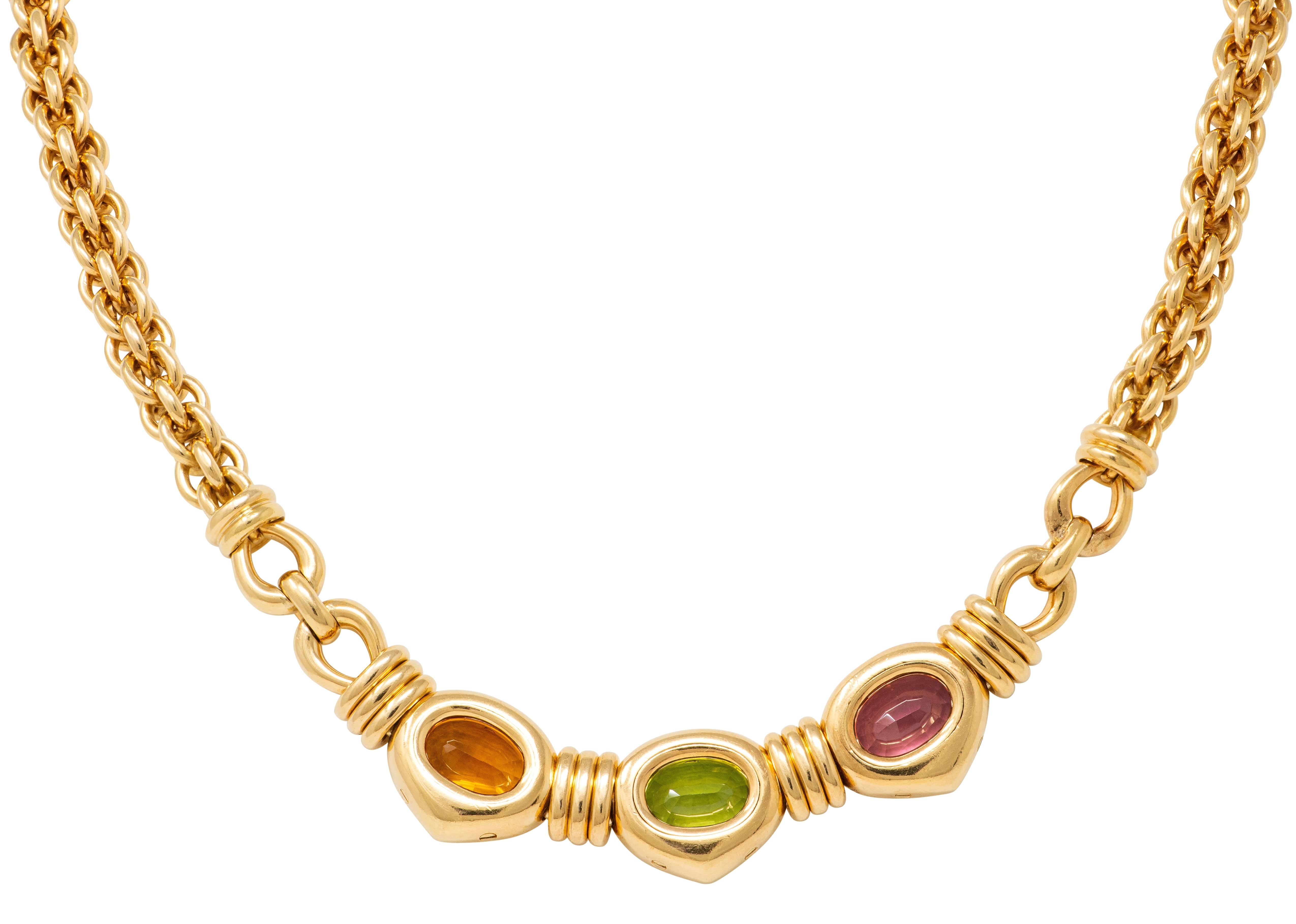 Bulgari 1980's Multi-Gem 18K YG 18K Gold Vintage Three Stone Station Necklace