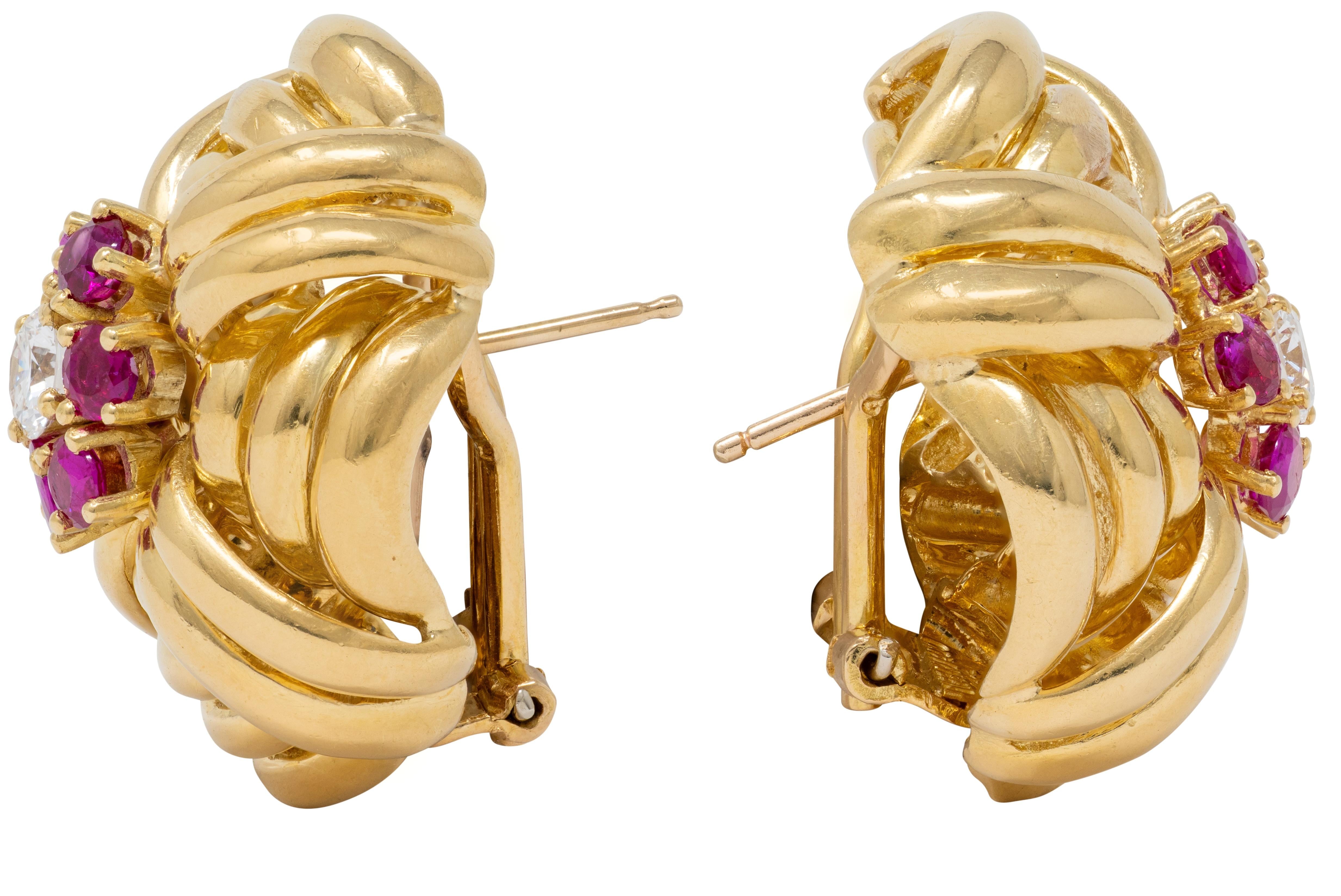 Tiffany & Co. 1960's Diamond Ruby 18K Yellow Gold Vintage Woven Knot Earrings