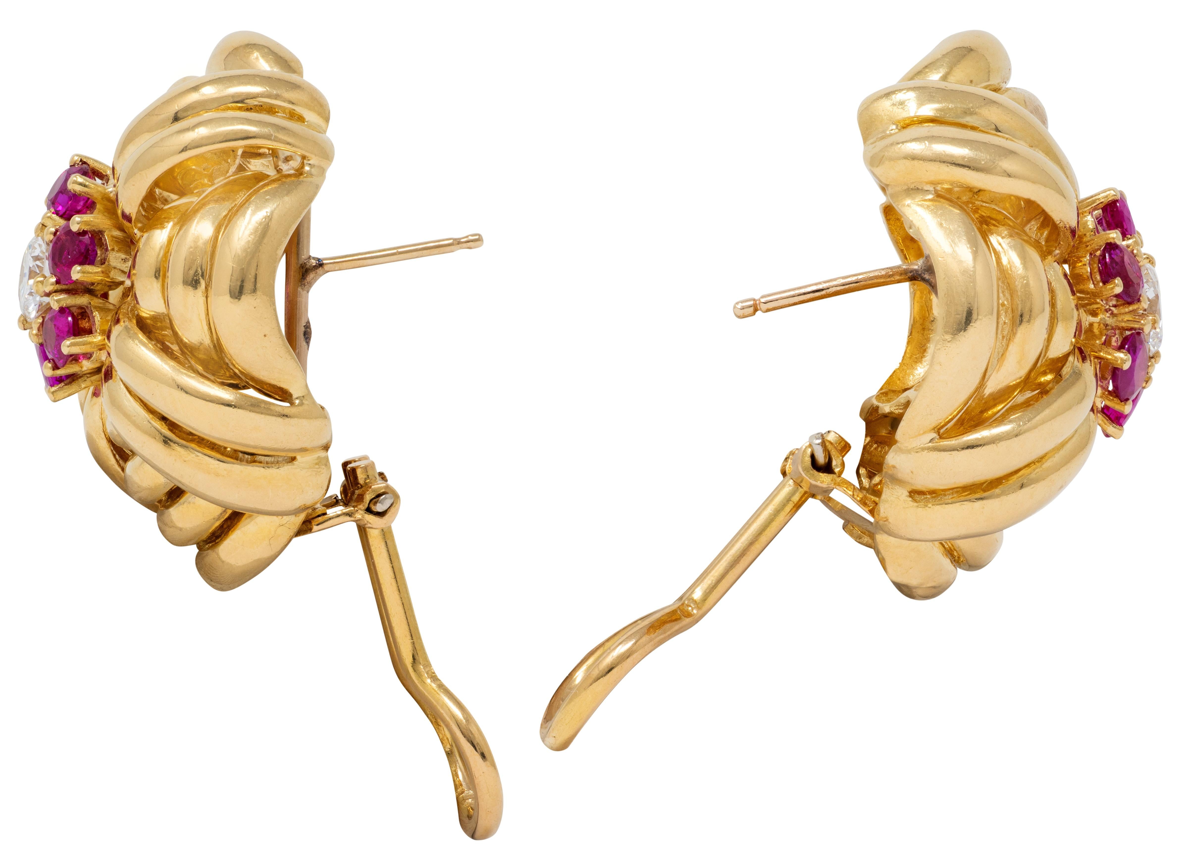 Tiffany & Co. 1960's Diamond Ruby 18K Yellow Gold Vintage Woven Knot Earrings