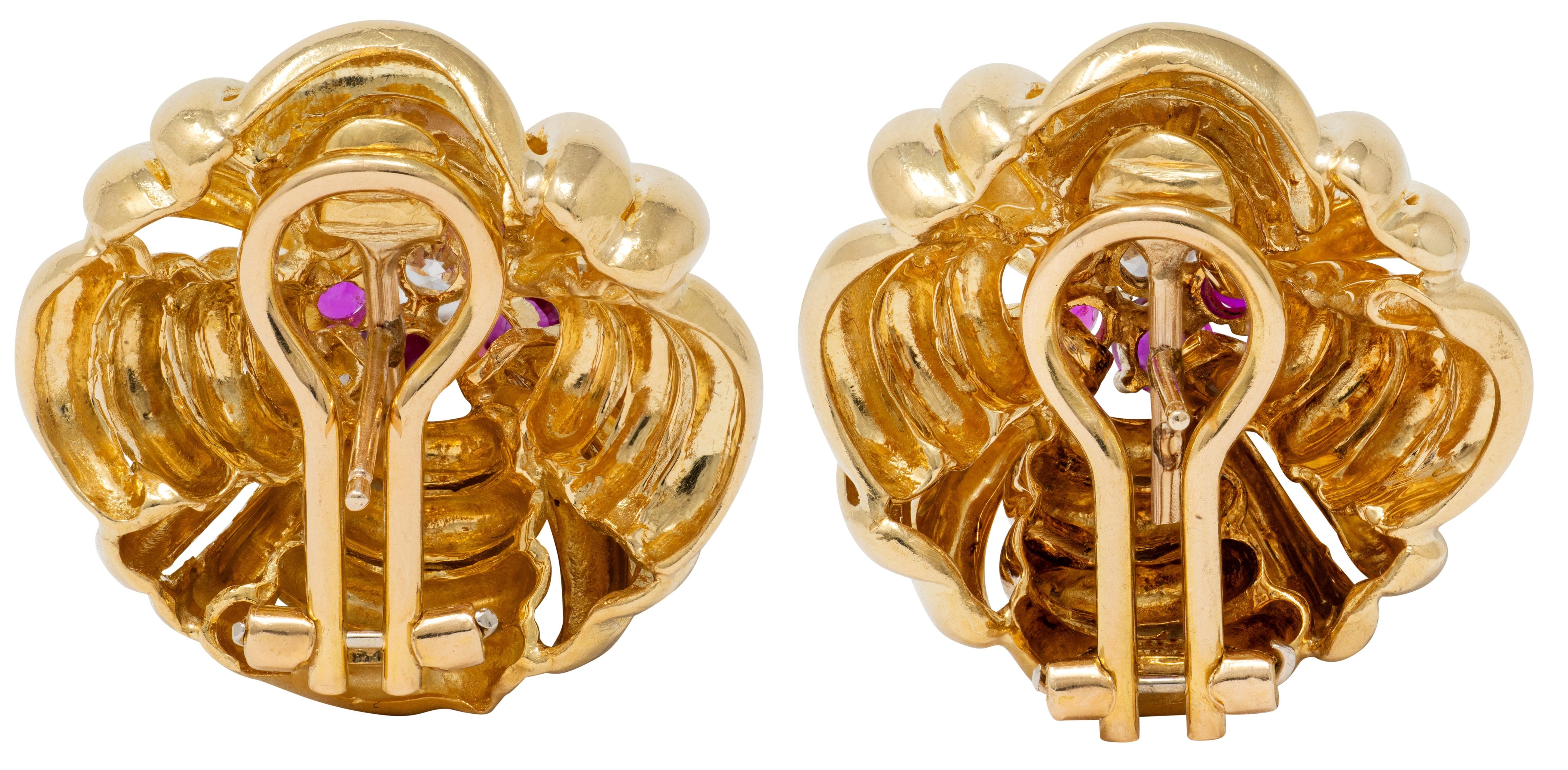 Tiffany & Co. 1960's Diamond Ruby 18K Yellow Gold Vintage Woven Knot Earrings