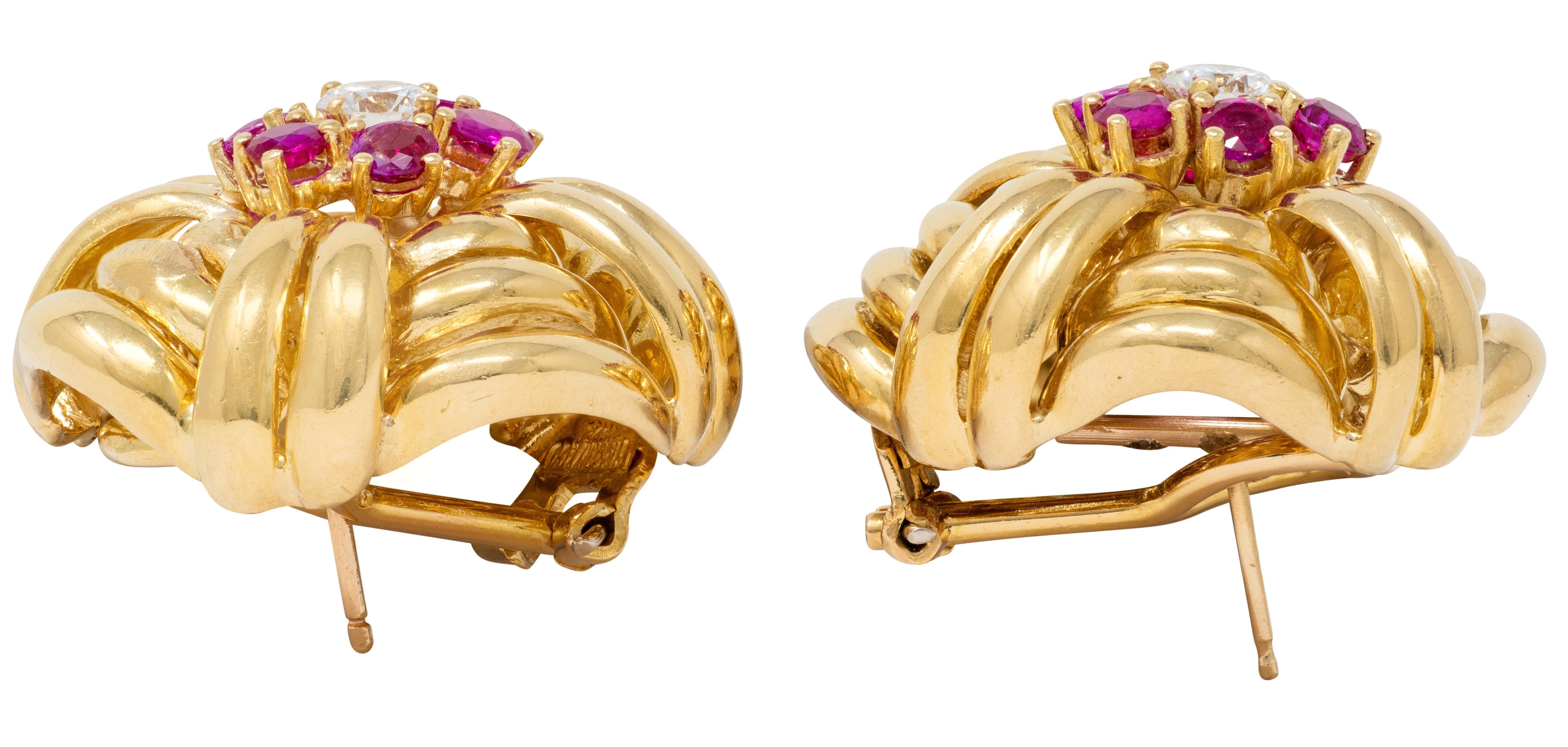 Tiffany & Co. 1960's Diamond Ruby 18K Yellow Gold Vintage Woven Knot Earrings