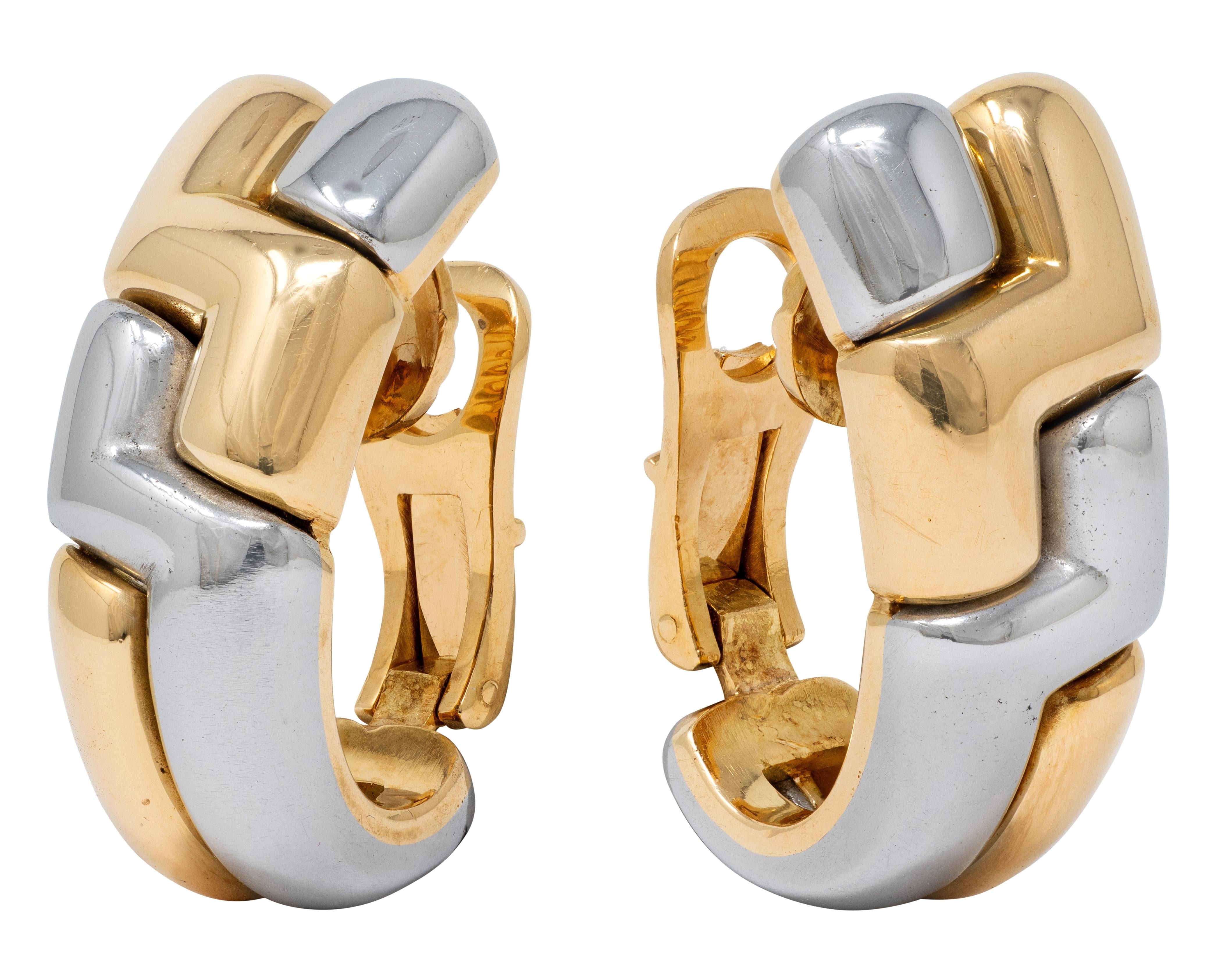 Bulgari 1990's 18 Karat Gold Stainless Steel Vintage J-Hoop Ear-Clip Earrings