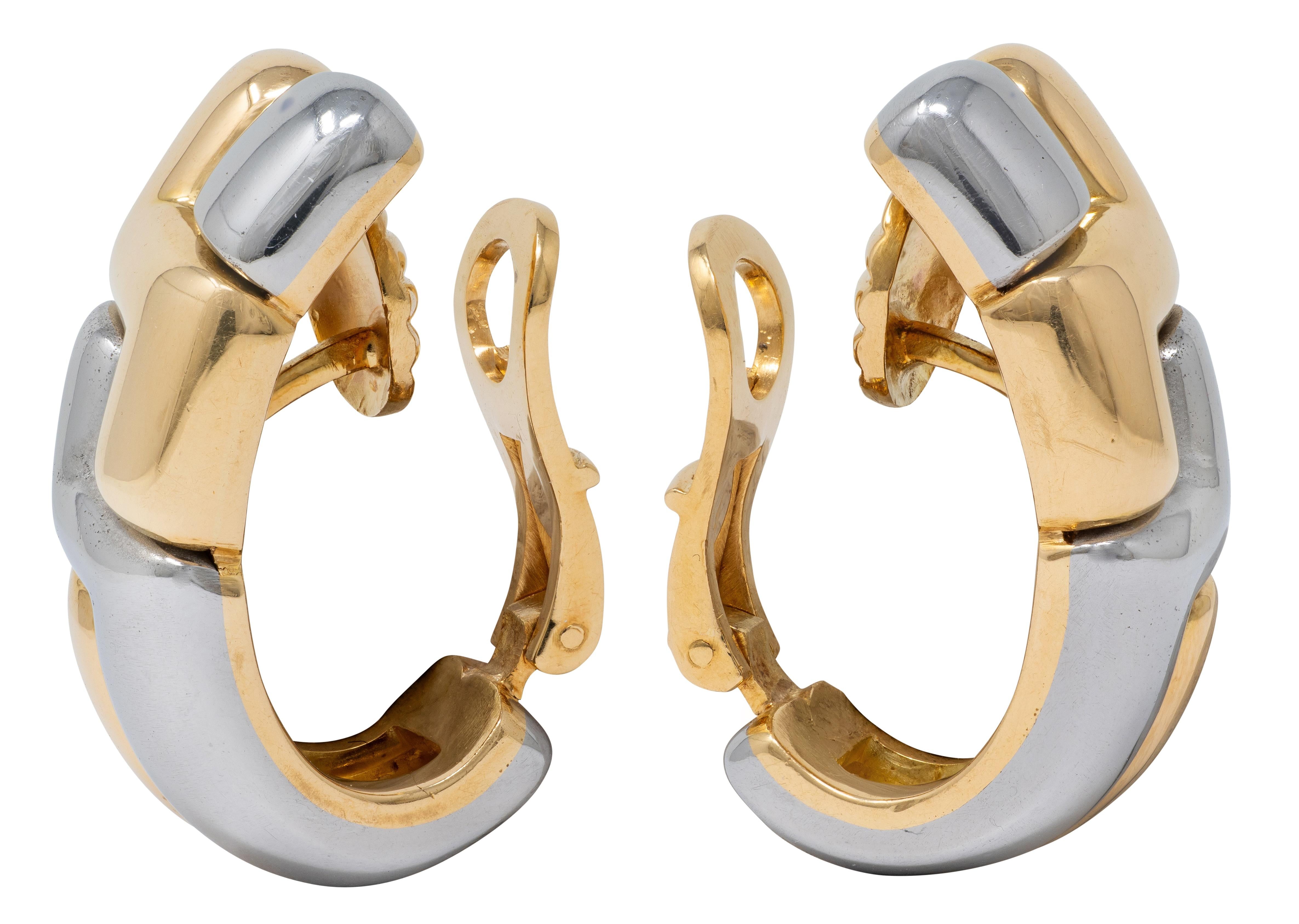 Bulgari 1990's 18 Karat Gold Stainless Steel Vintage J-Hoop Ear-Clip Earrings