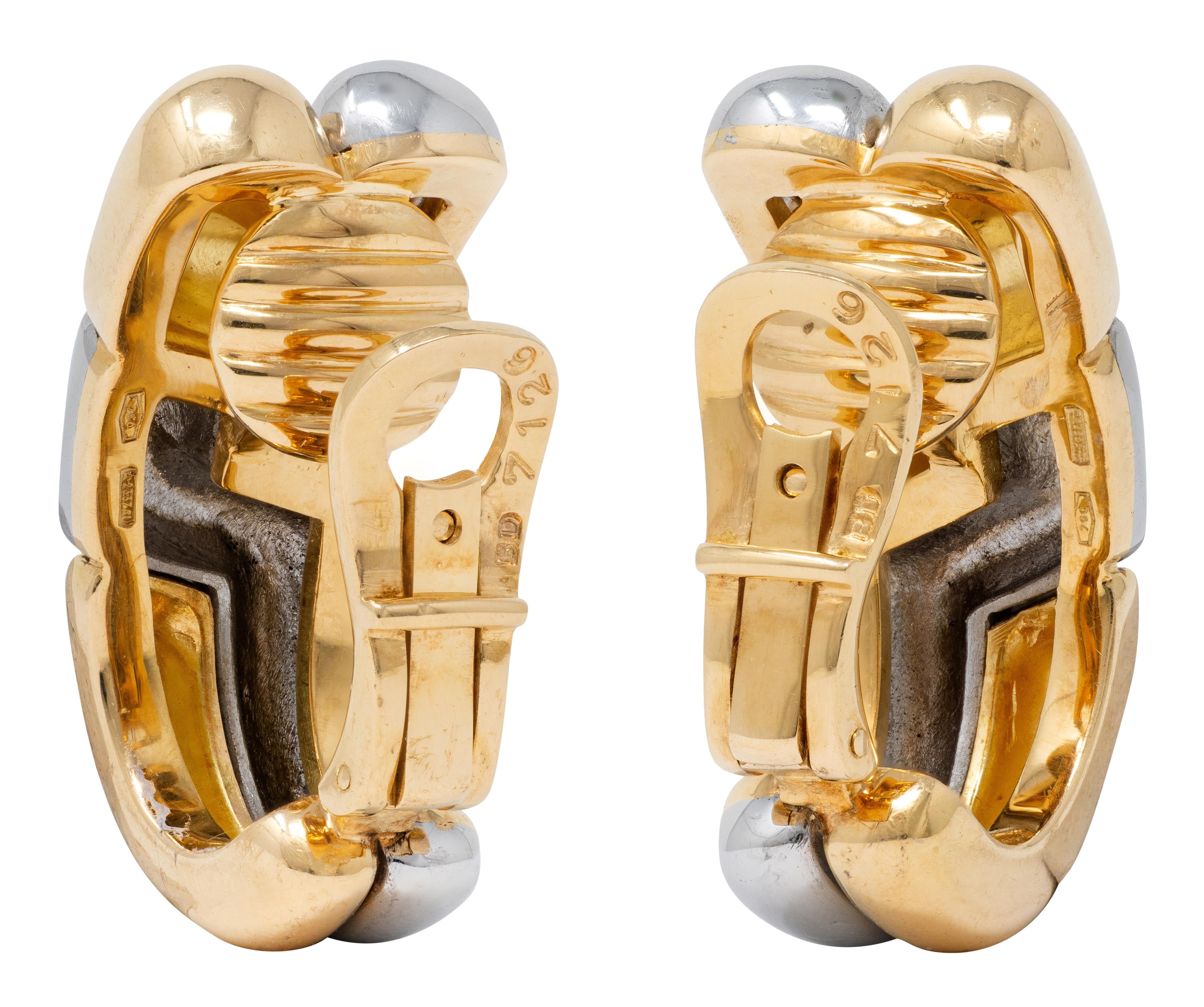 Bulgari 1990's 18 Karat Gold Stainless Steel Vintage J-Hoop Ear-Clip Earrings