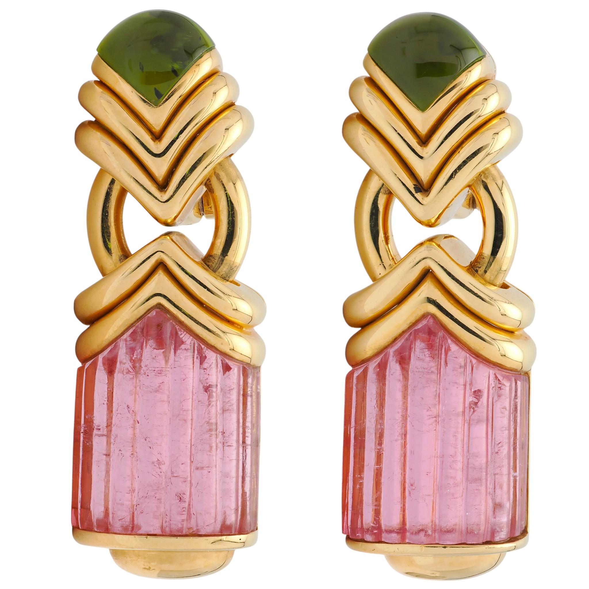 Bulgari 1990's Tourmaline 18K Yellow Gold Vintage Chevron Gemstone Drop Earrings