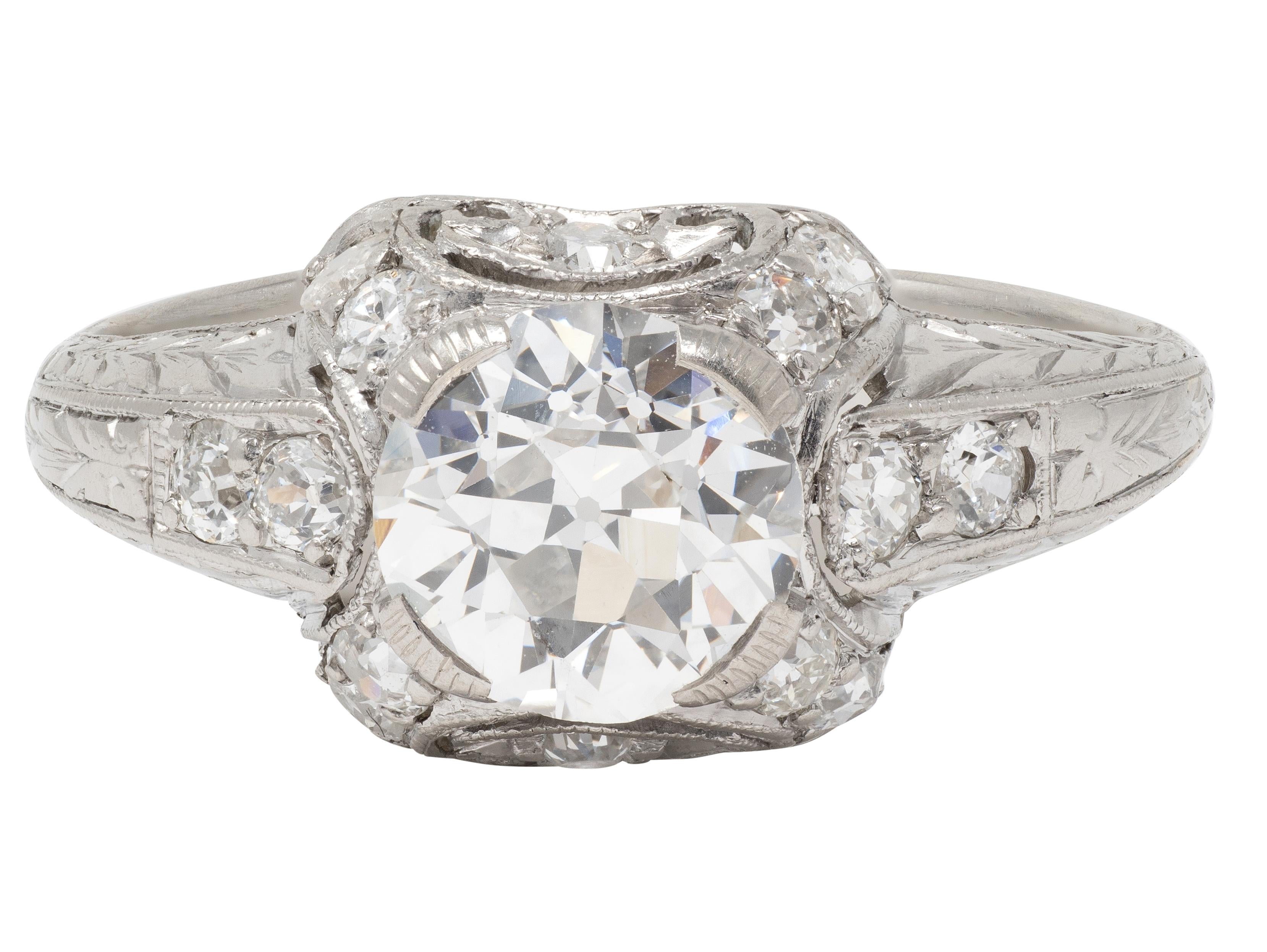 Art Deco 2.15 CTW European Diamond Platinum Vintage Ornate Wheat Engagement Ring
