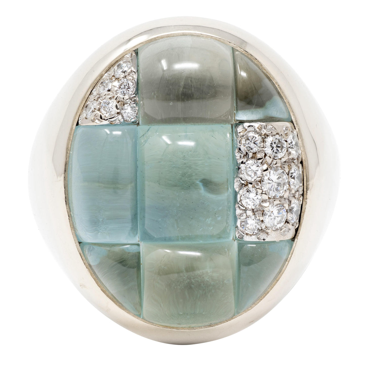 Pomellato 2000's Aquamarine Diamond 18 Karat White Gold Mosaique Statement Ring