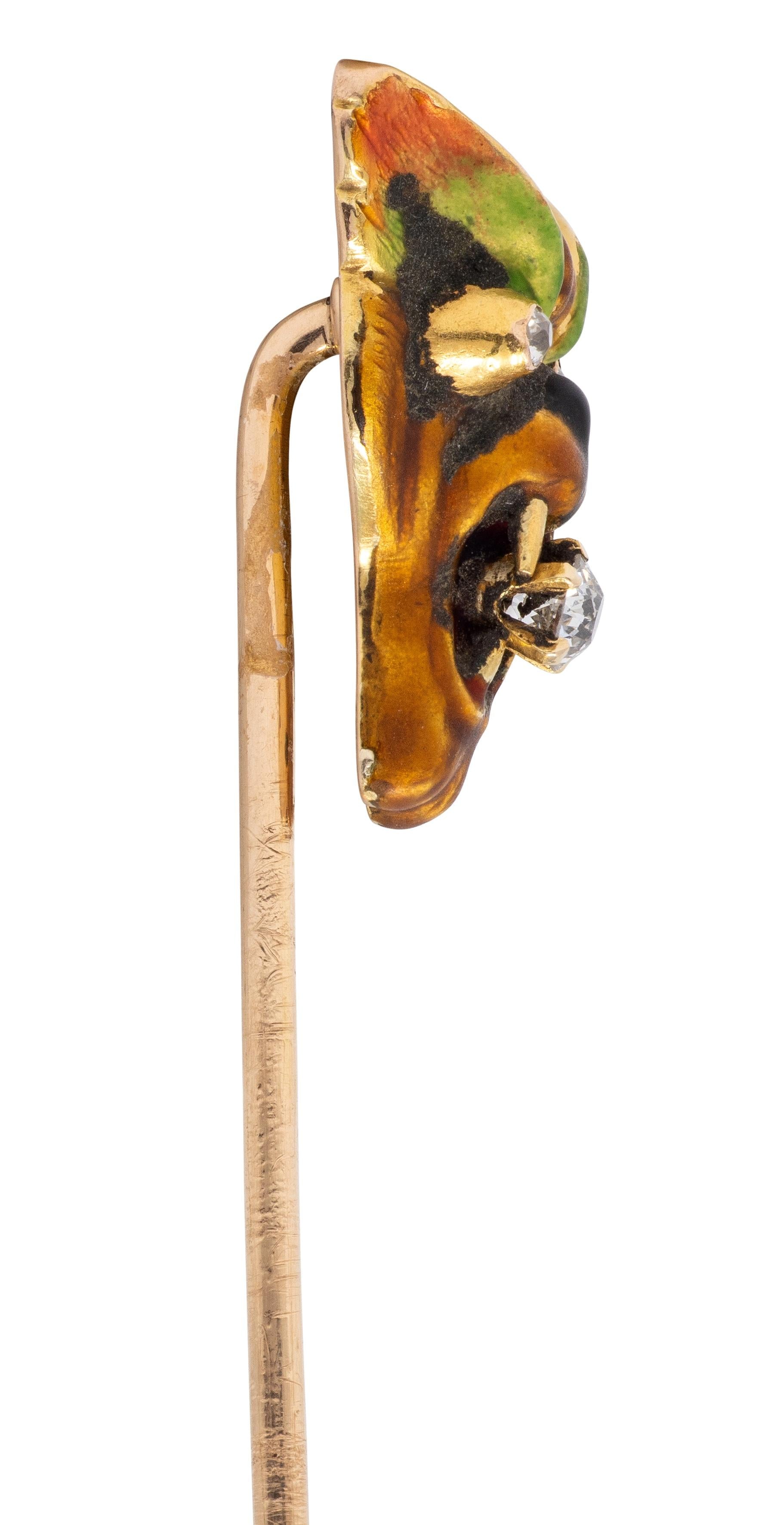 Victorian Diamond Enamel 14 Karat Yellow Gold Antique Cat Mask Stickpin