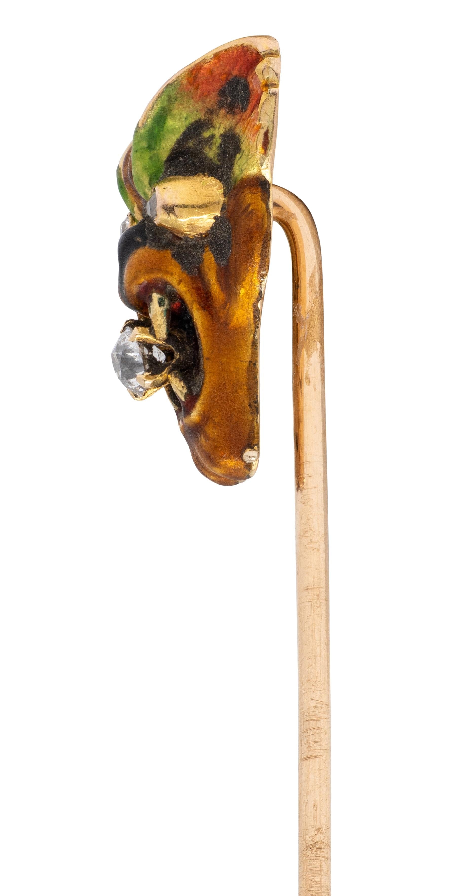 Victorian Diamond Enamel 14 Karat Yellow Gold Antique Cat Mask Stickpin