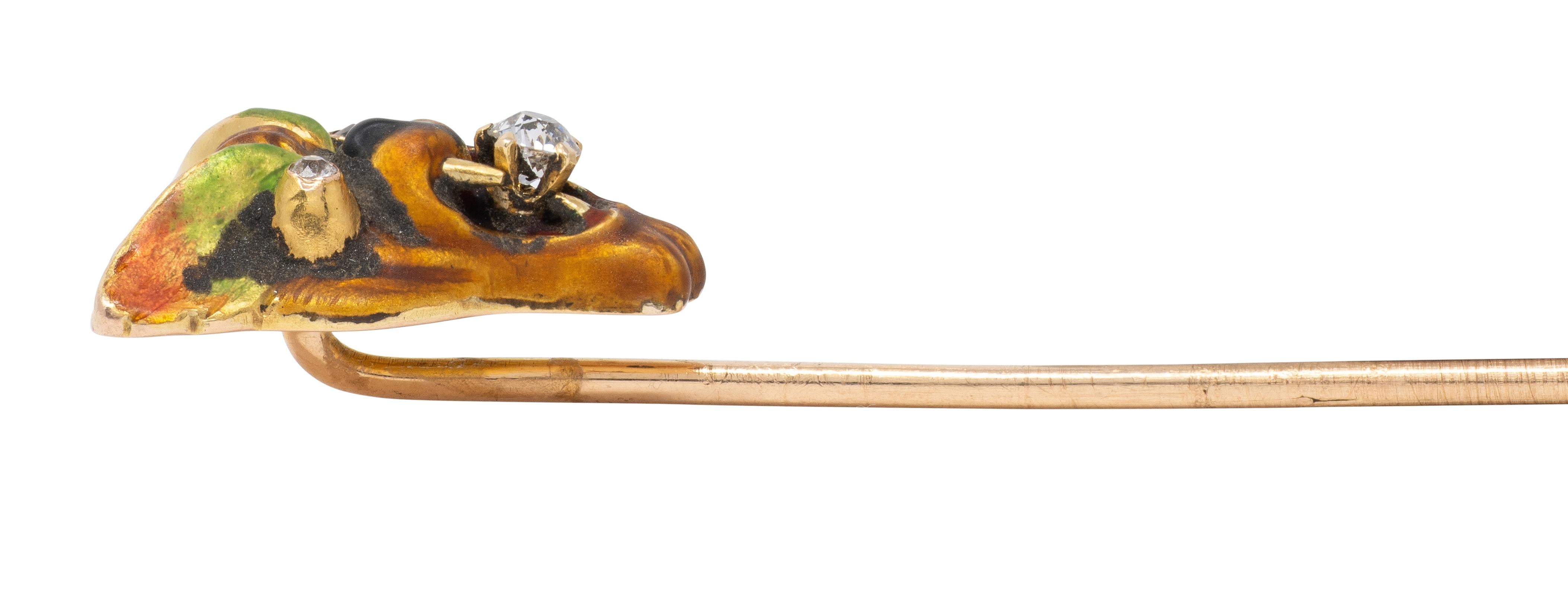 Victorian Diamond Enamel 14 Karat Yellow Gold Antique Cat Mask Stickpin