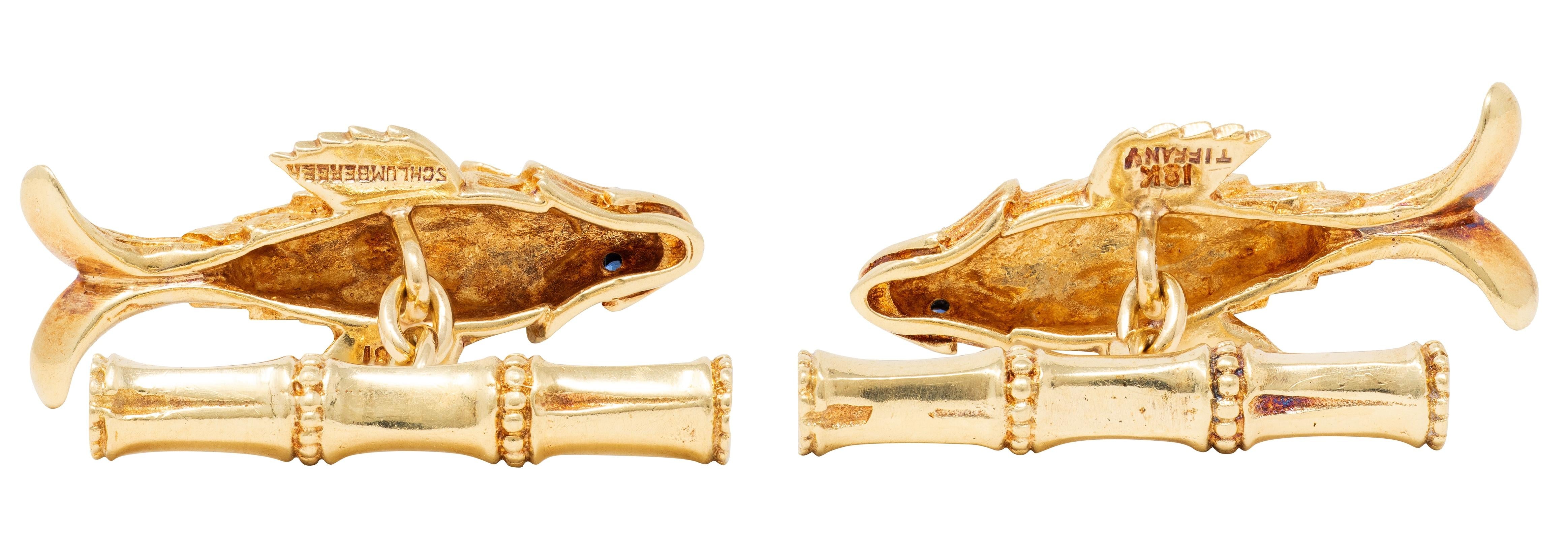 Tiffany & Co. Jean Schlumberger 1960's Sapphire 18K Gold Vintage Fish Cufflinks