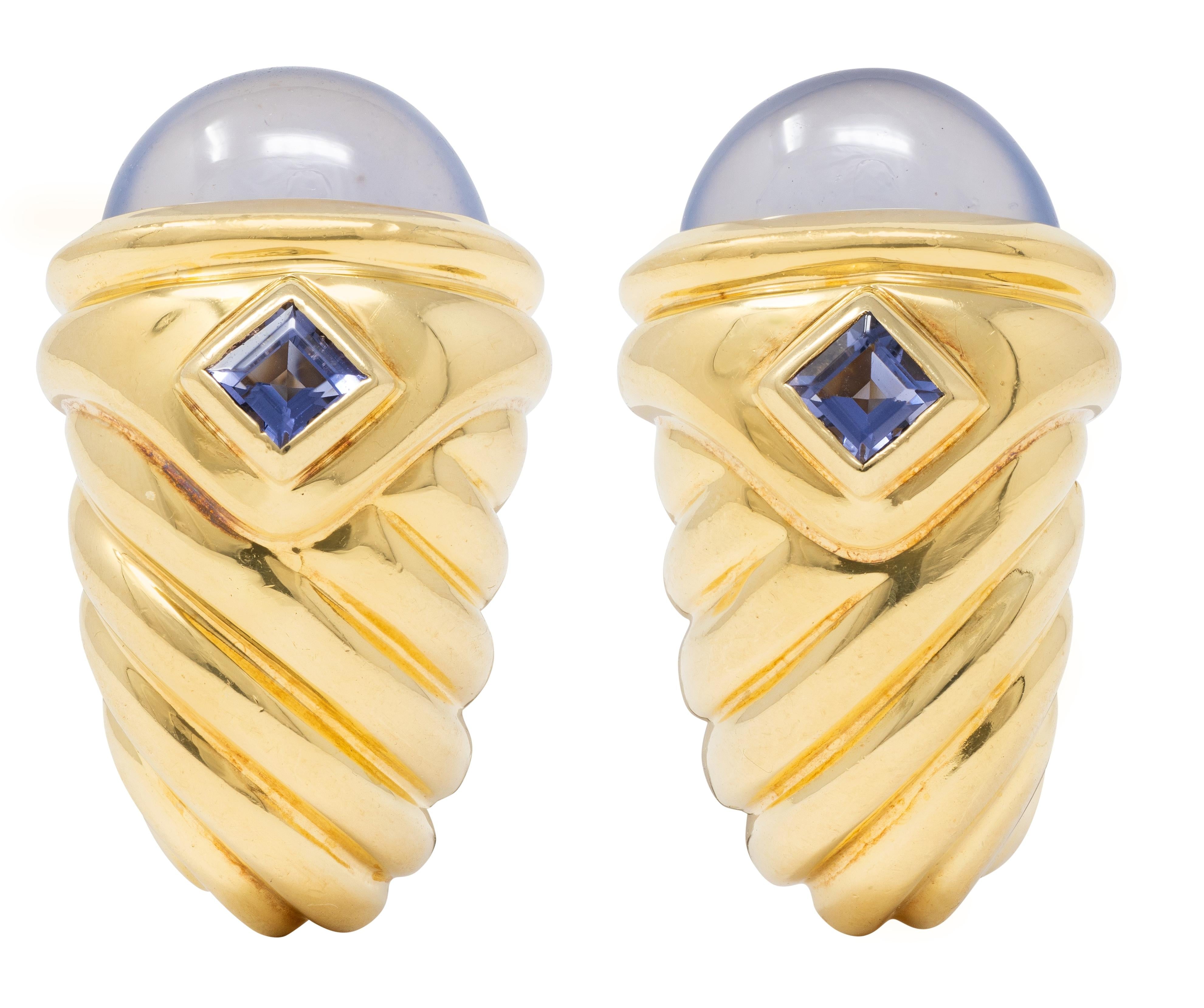 David Yurman 1990 Iolite Chalcedony 18K Gold Vintage Renaissance J-Hoop Earrings