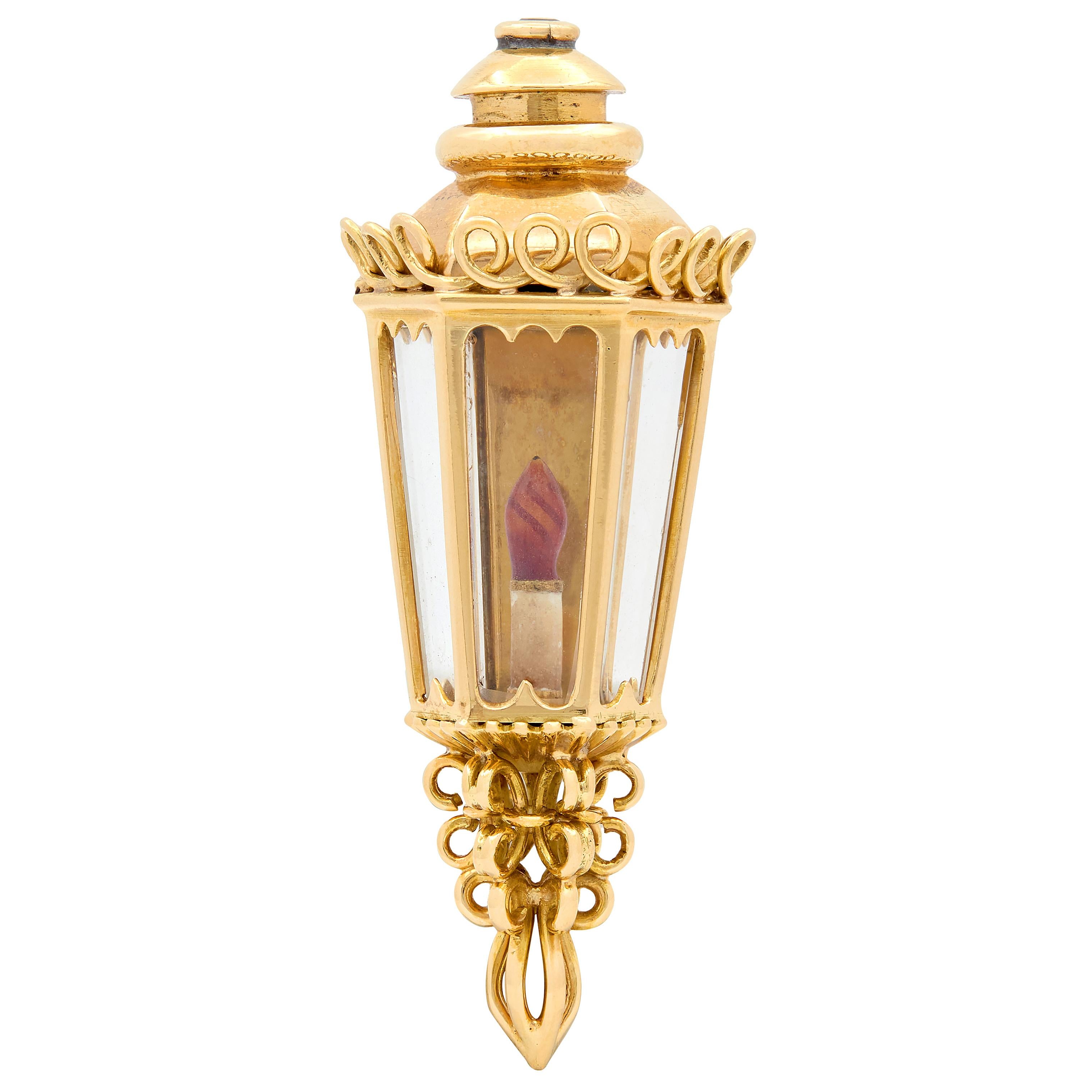 1960's Enamel 18 Karat Yellow Gold Vintage Lamp Candle Brooch