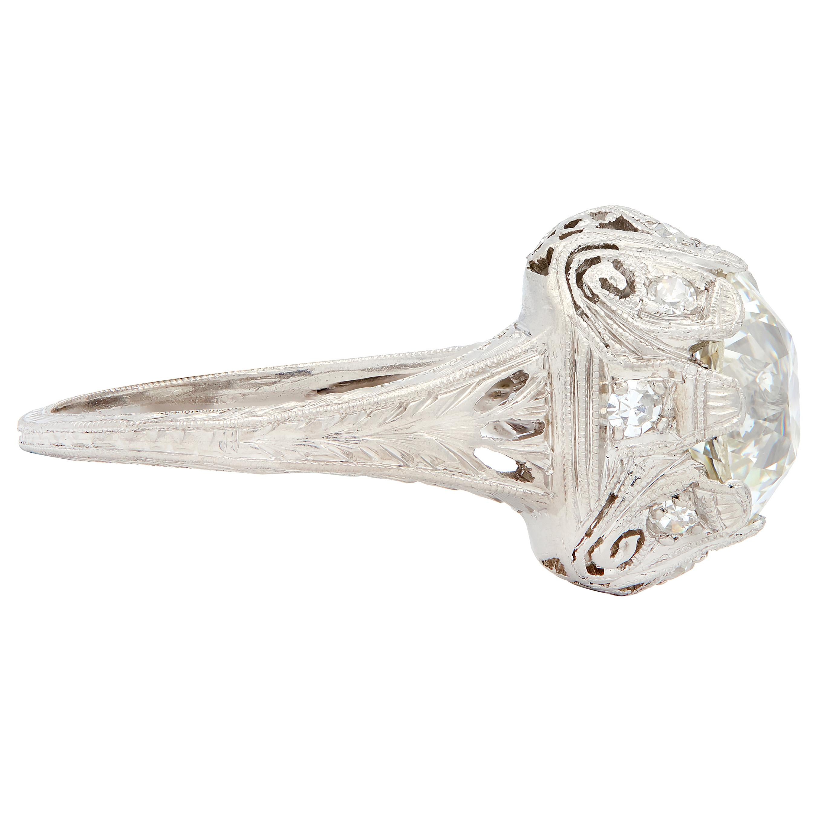 Edwardian 2.70 CTW Diamond Platinum Antique Scroll Engagement Ring GIA