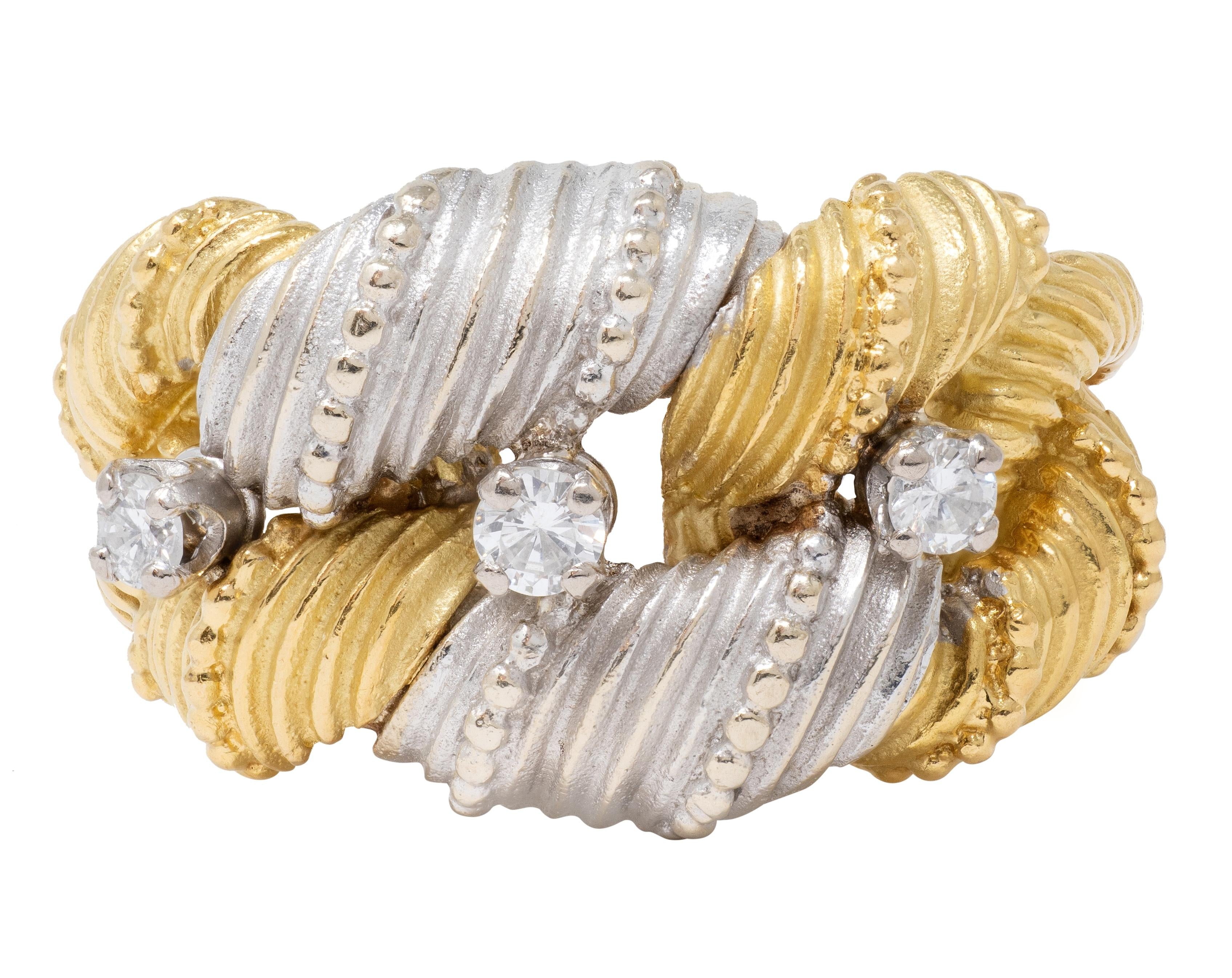 French 1960's Diamond 18 Karat Yellow Gold Platinum Vintage Twist Link Band Ring