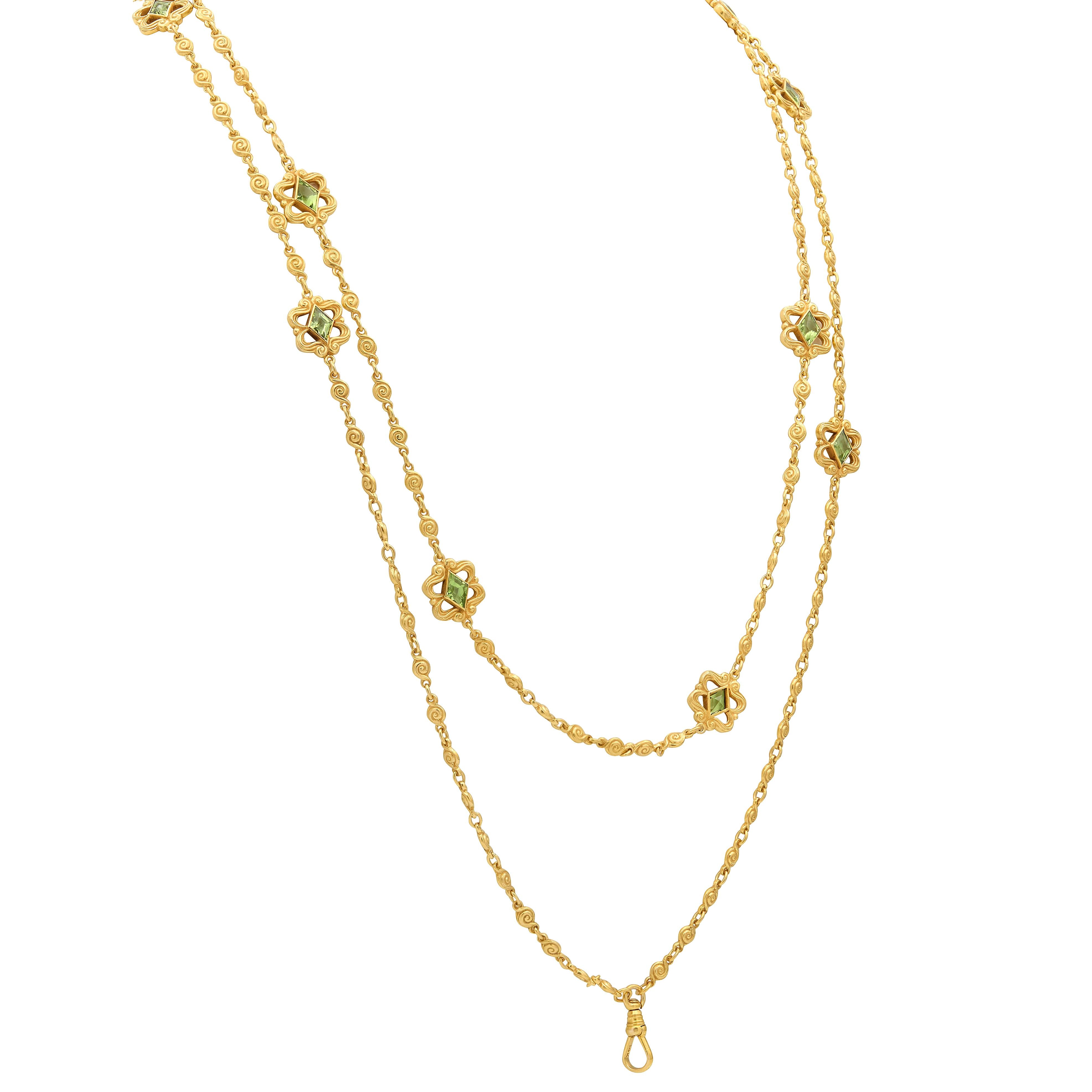 Victorian Peridot 14K Yellow Gold Antique Scroll Fancy Link Fob Chain Necklace