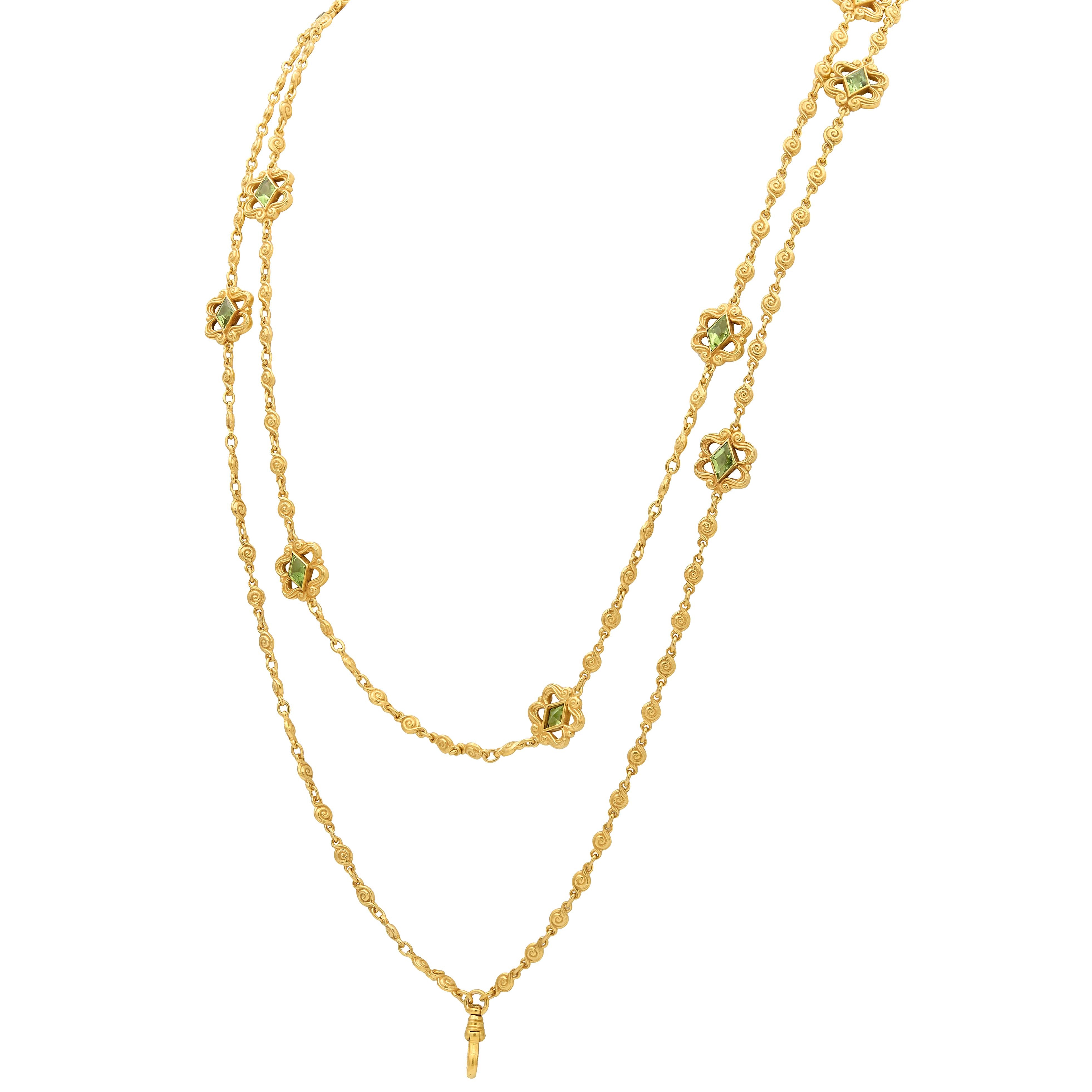Victorian Peridot 14K Yellow Gold Antique Scroll Fancy Link Fob Chain Necklace