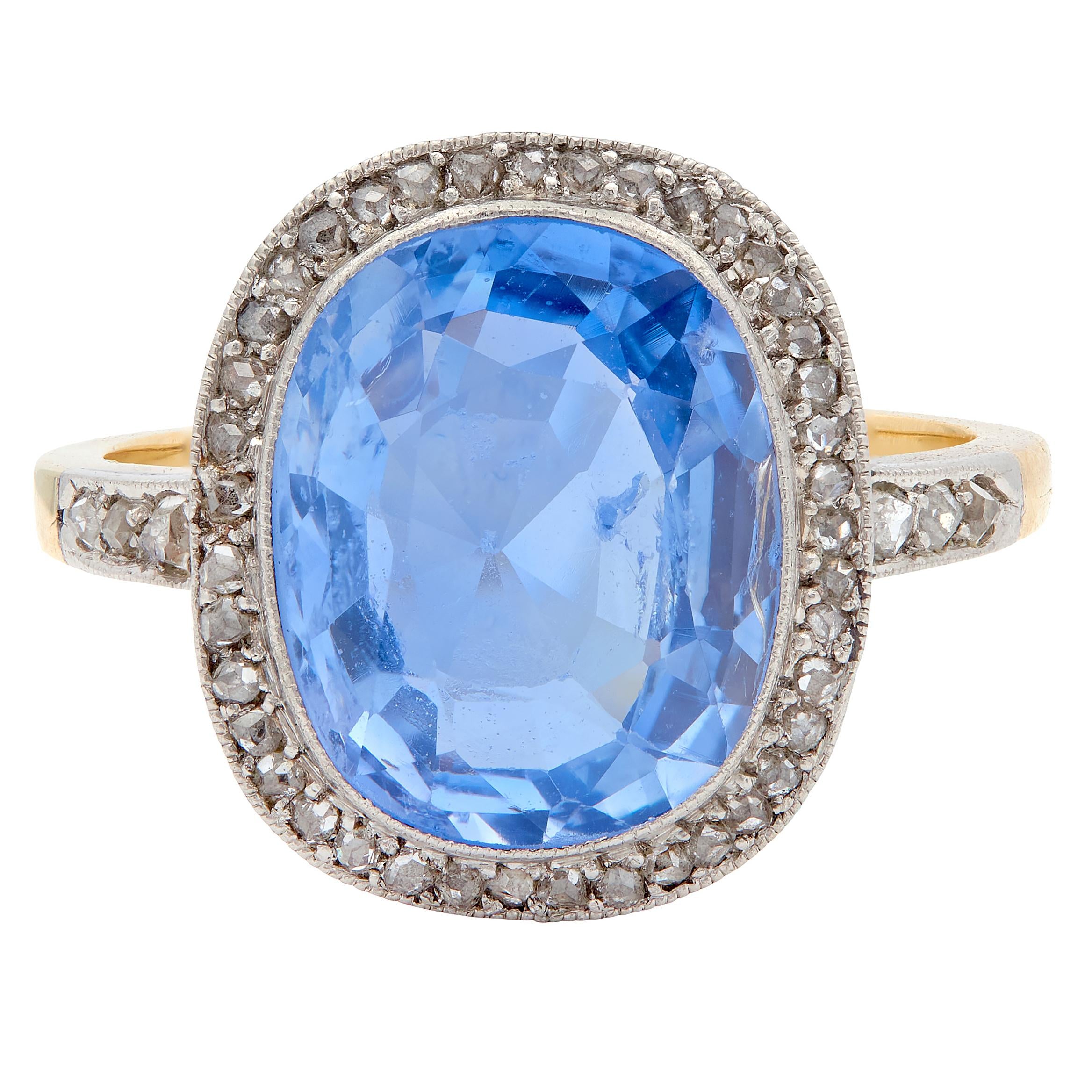 Edwardian Diamond Sapphire 14 Karat Yellow Gold Platinum Antique Halo Ring GIA