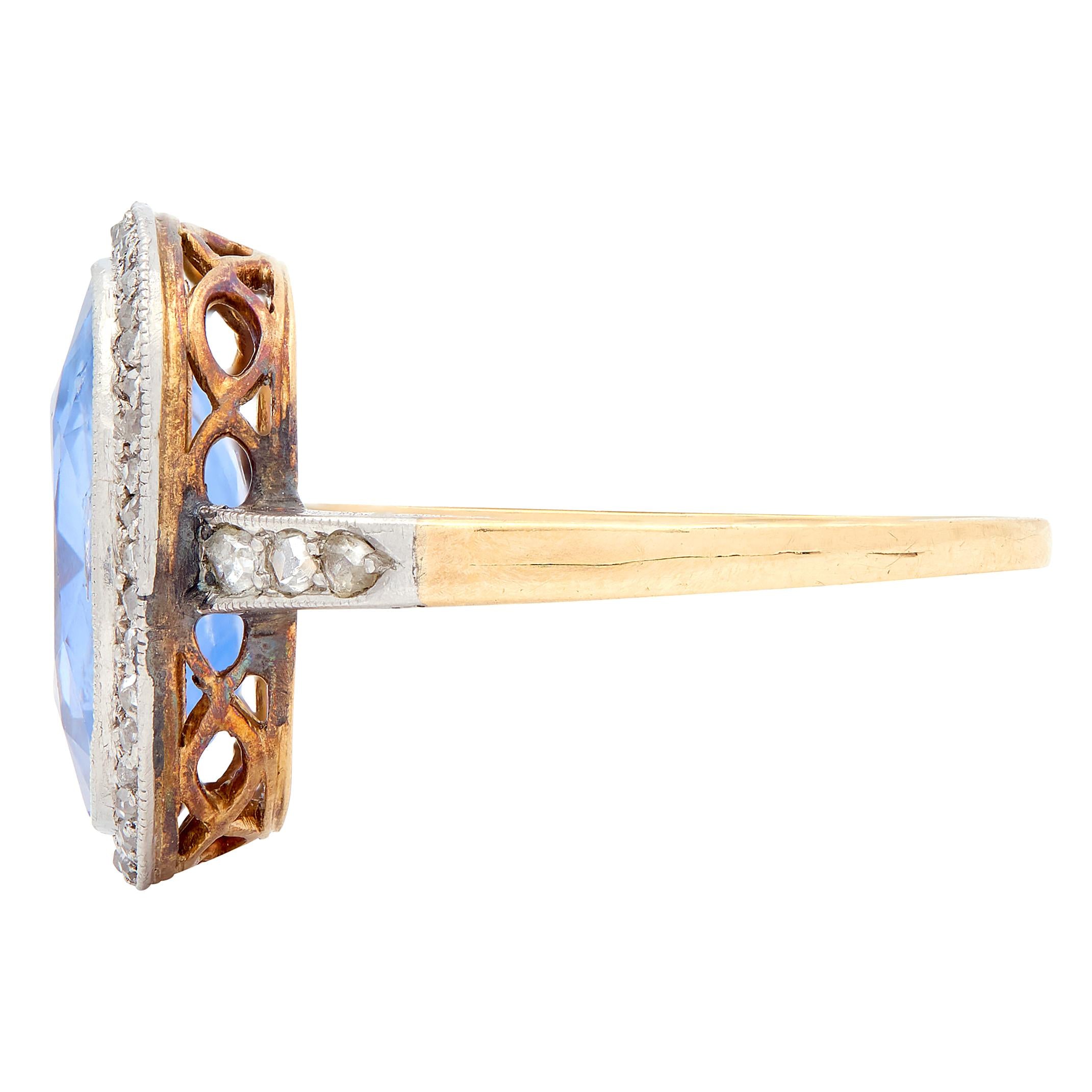 Edwardian Diamond Sapphire 14 Karat Yellow Gold Platinum Antique Halo Ring GIA