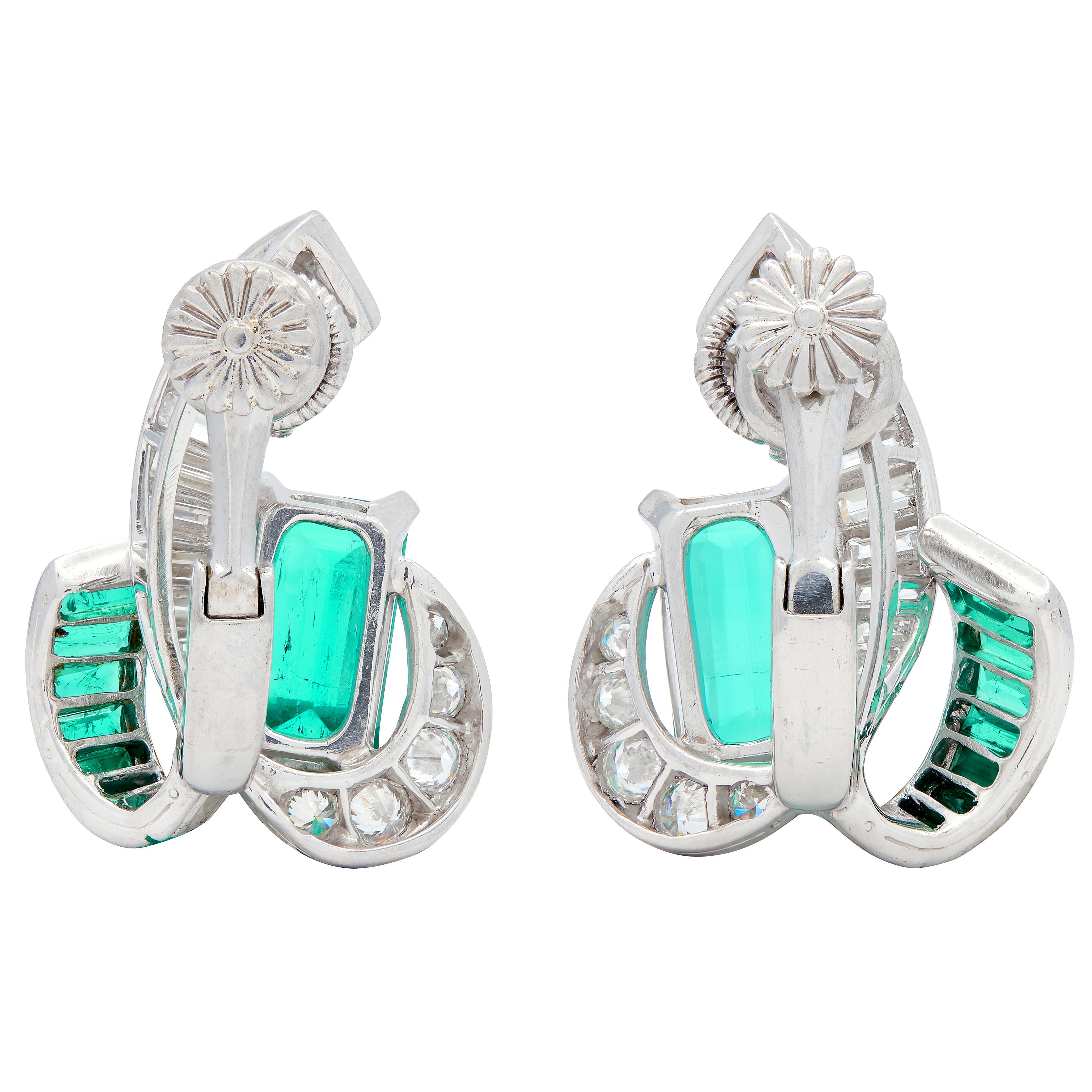 Oscar Heyman 1950 Colombian Emerald Diamond Platinum Vintage Ear-Clip Earrings
