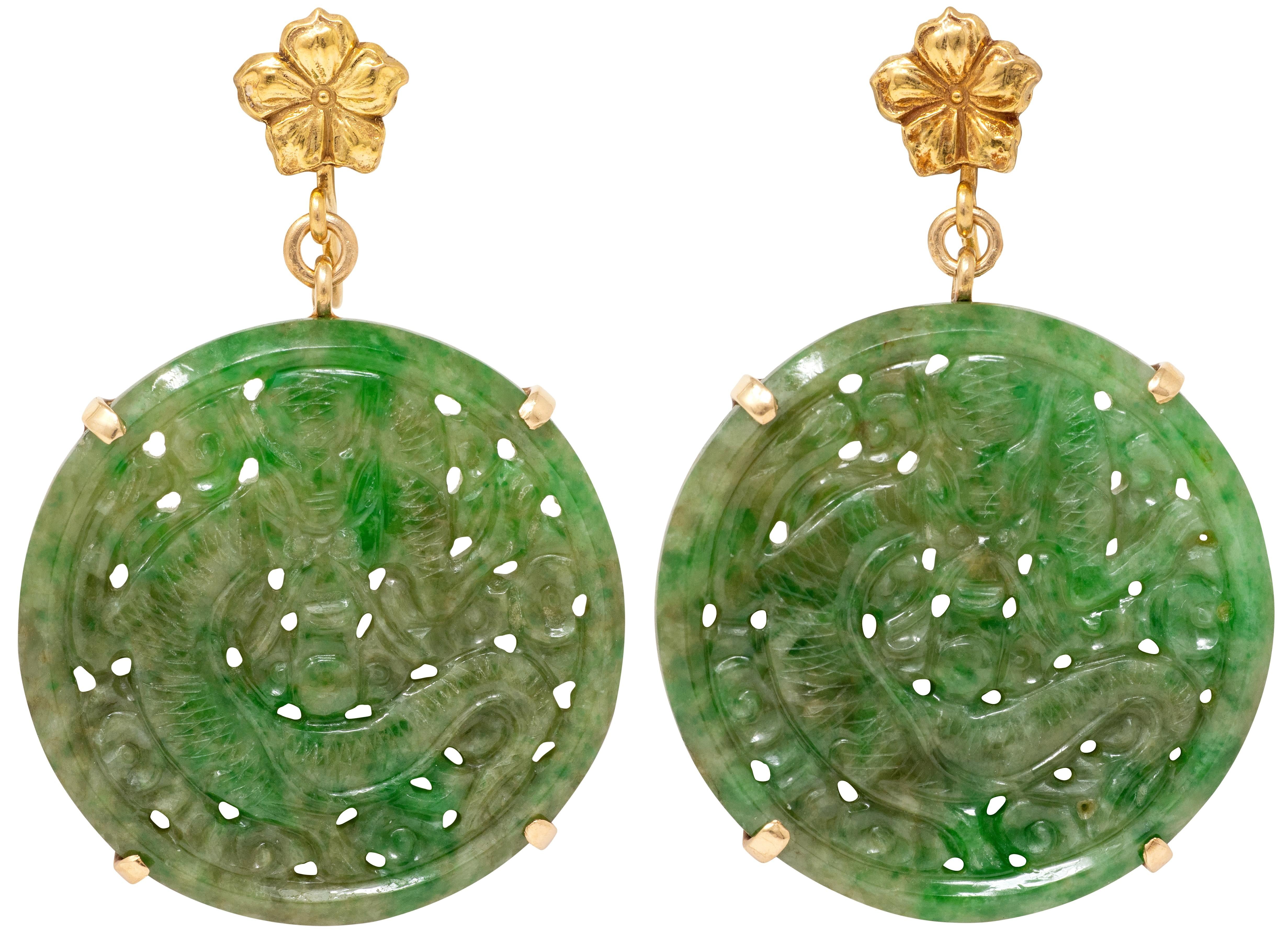 1930's Nephrite Jade 14K Gold Antique Floral Dragon Screw-Back Earrings