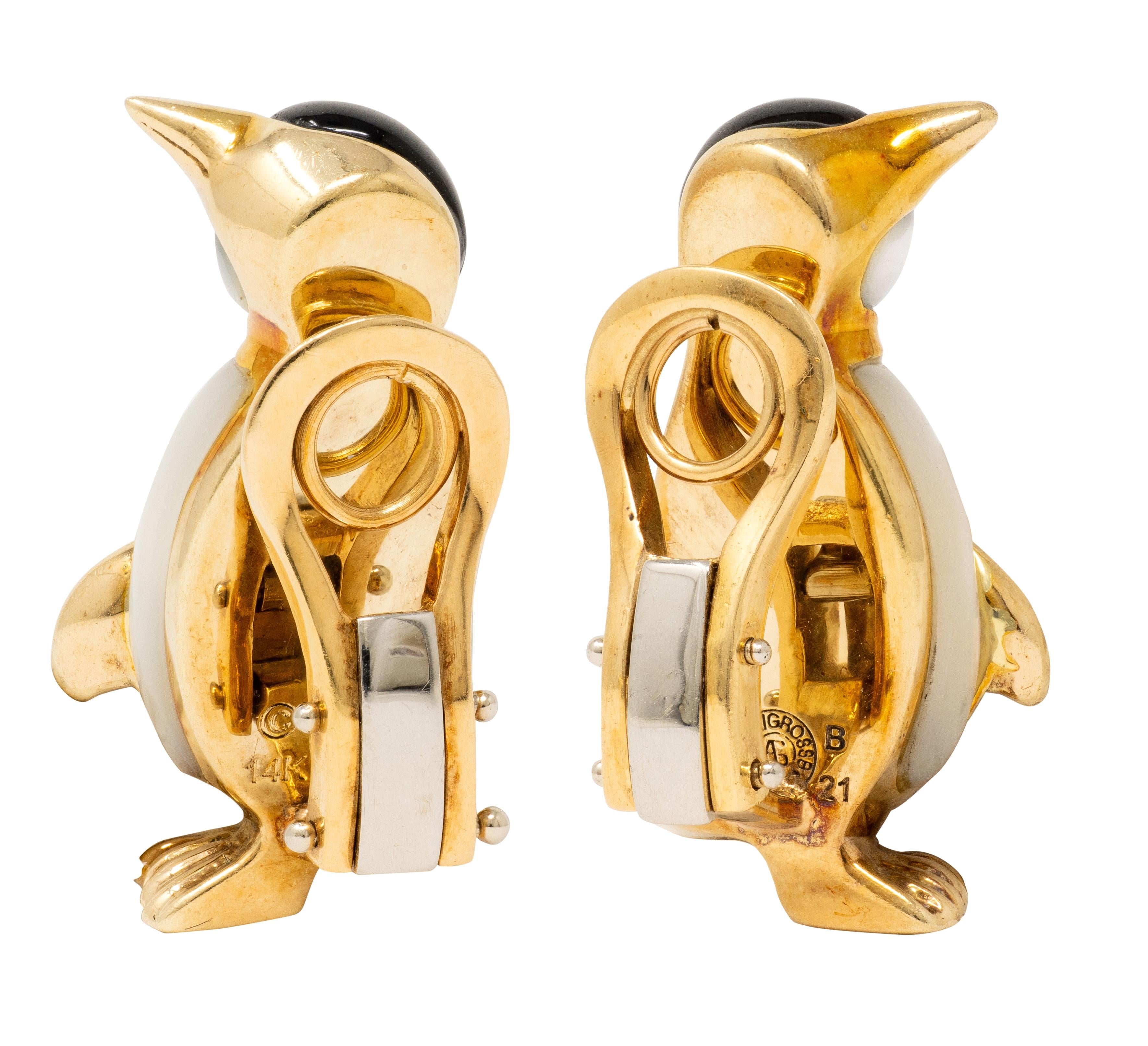 Ash Grossbardt 1980's 14 Karat Yellow Gold Vintage Penguin Ear-Clip Earrings