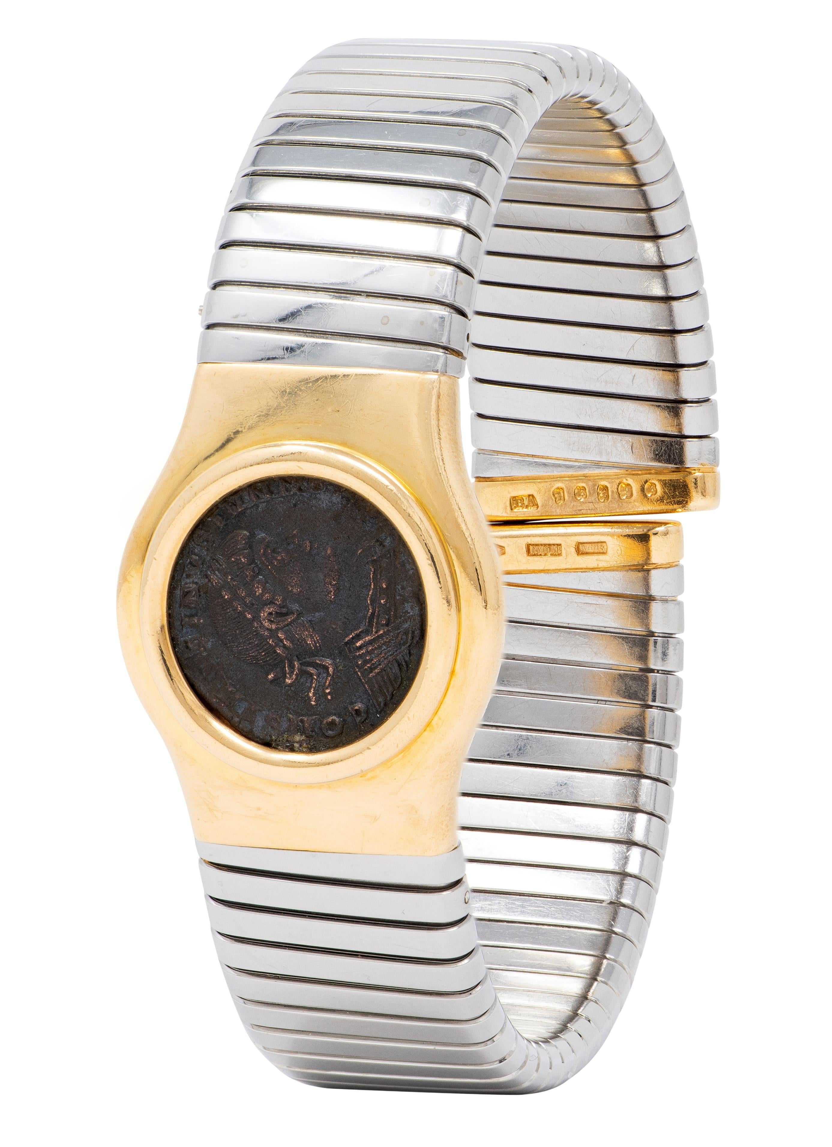 Bulgari 1980's Ancient Roman Coin 18K Gold Steel Vintage Monete Cuff Bracelet