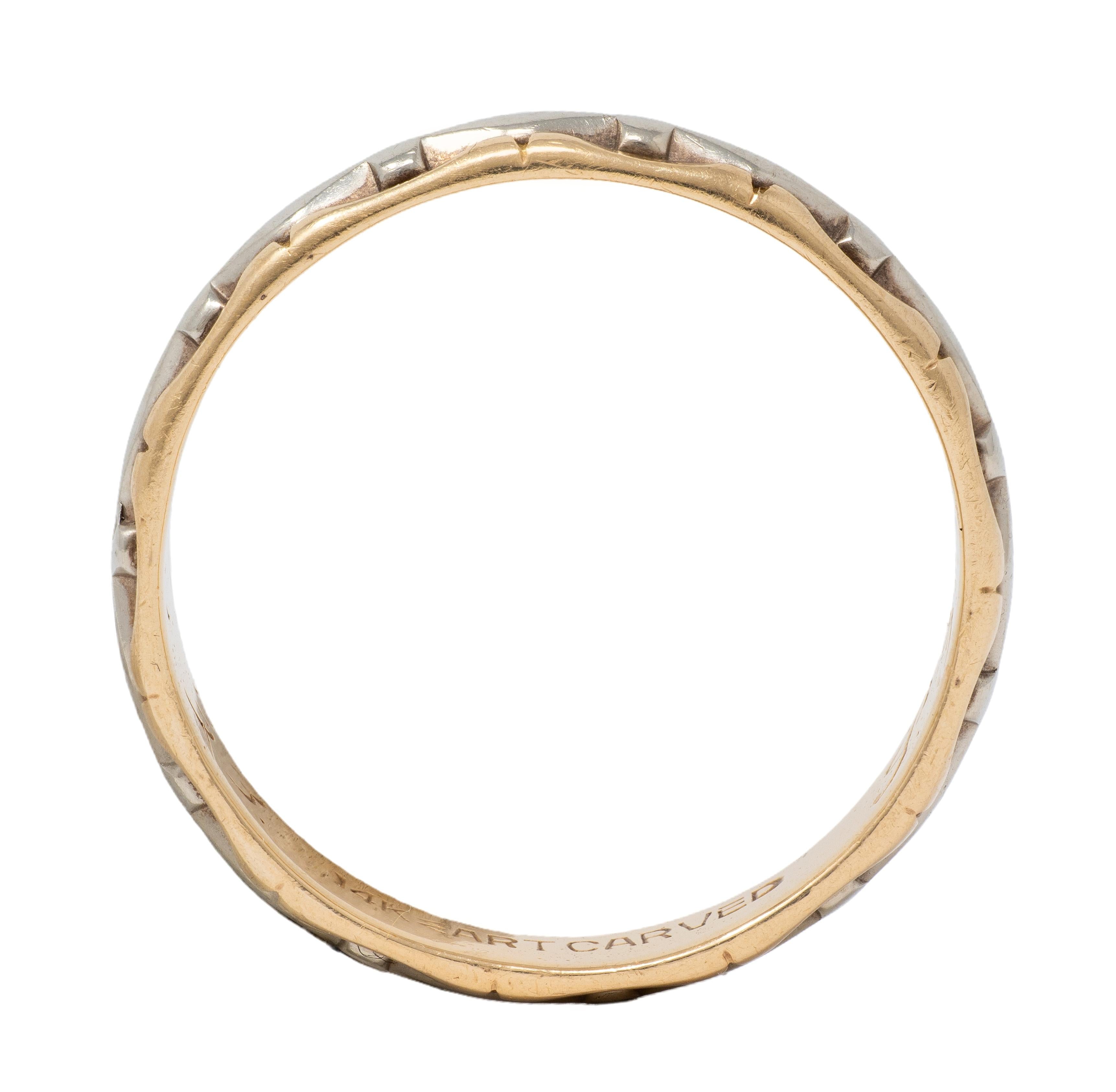 J.R. Woods & Sons 1953 14 Karat Two-Tone Gold Vintage Grooved Wedding Band Ring