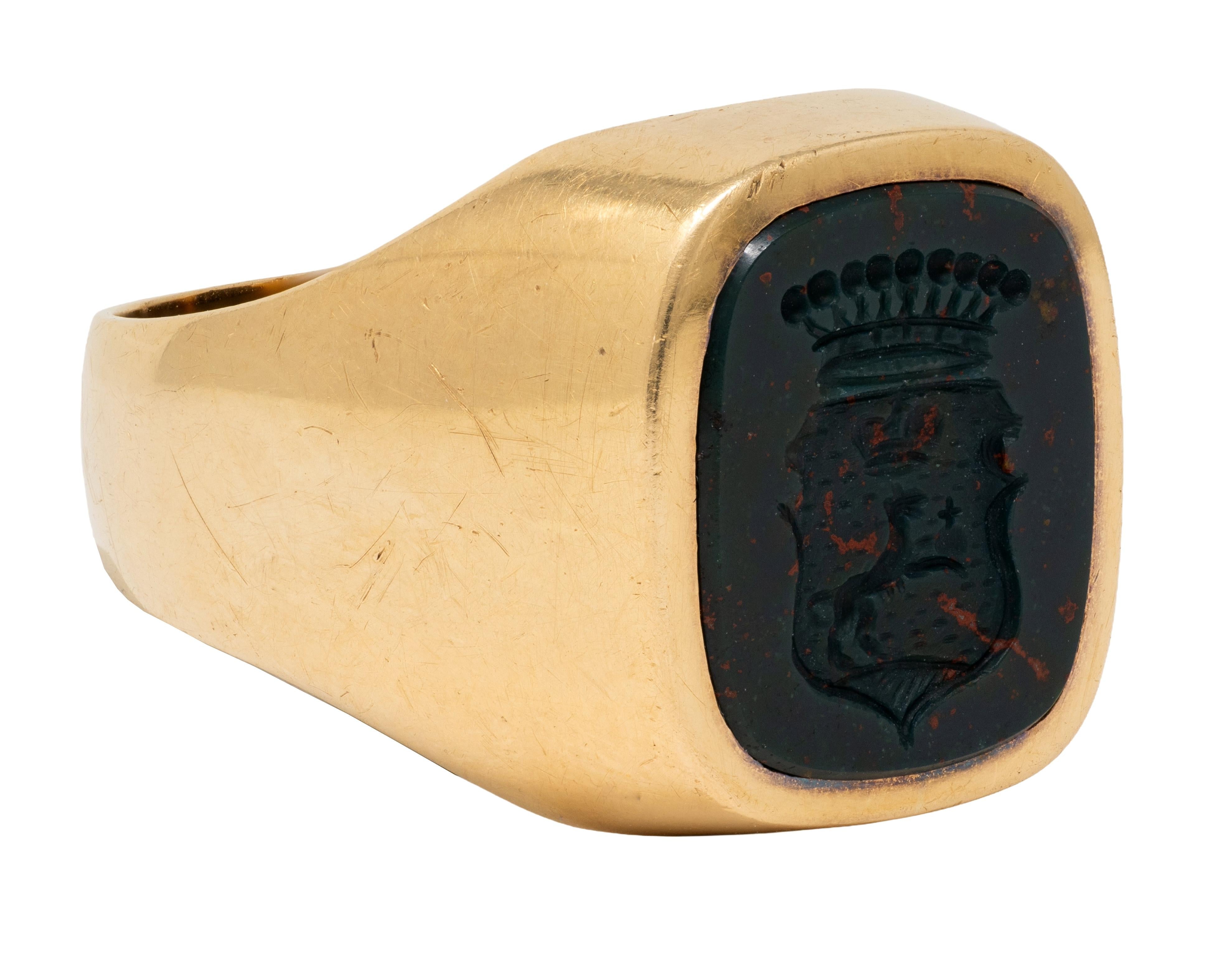 Art Deco Bloodstone 14K Yellow Gold Antique Heraldic Crest Intaglio Signet Ring
