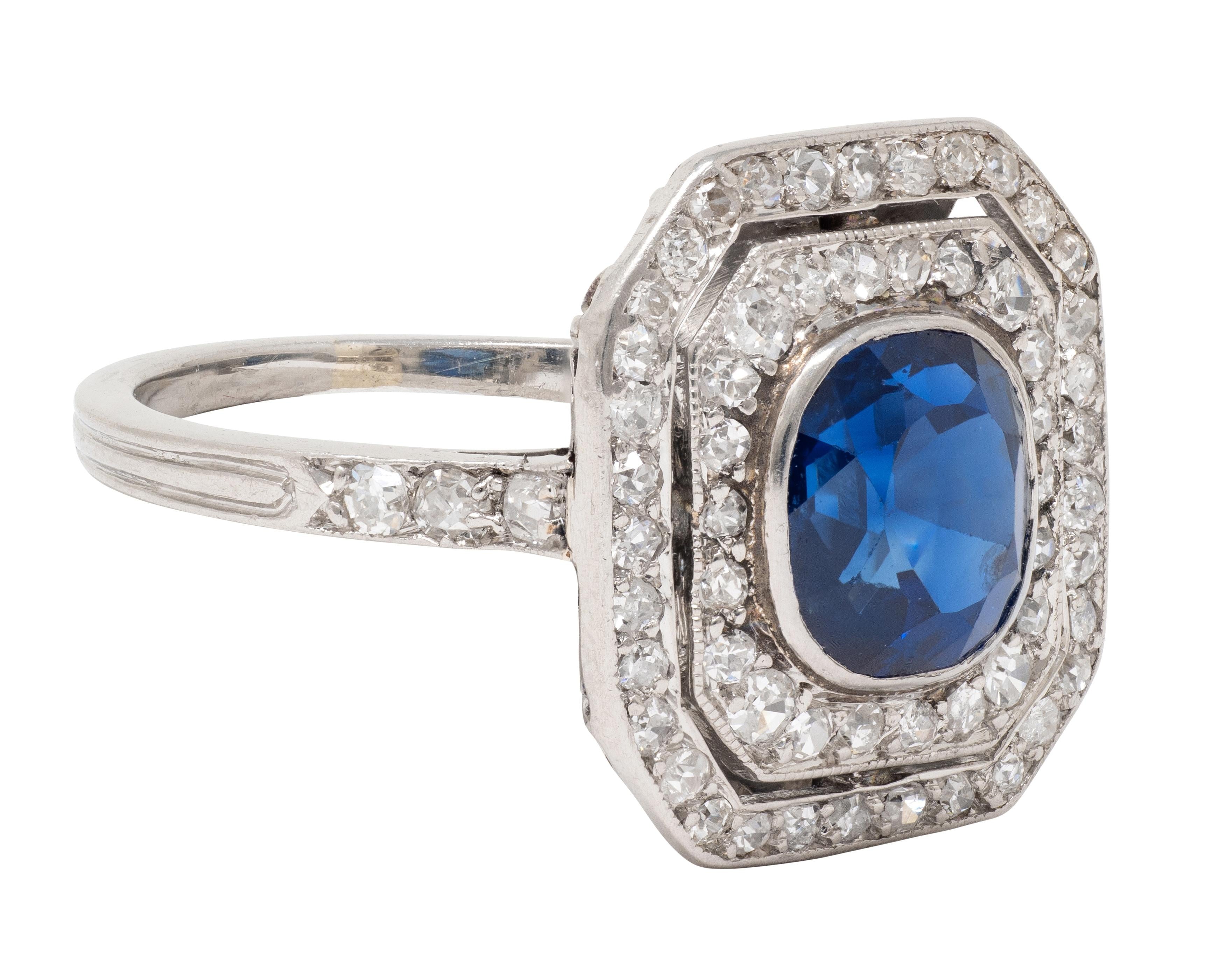 Art Deco 2.50 CTW Sapphire Diamond Platinum Vintage Double Halo Dinner Ring