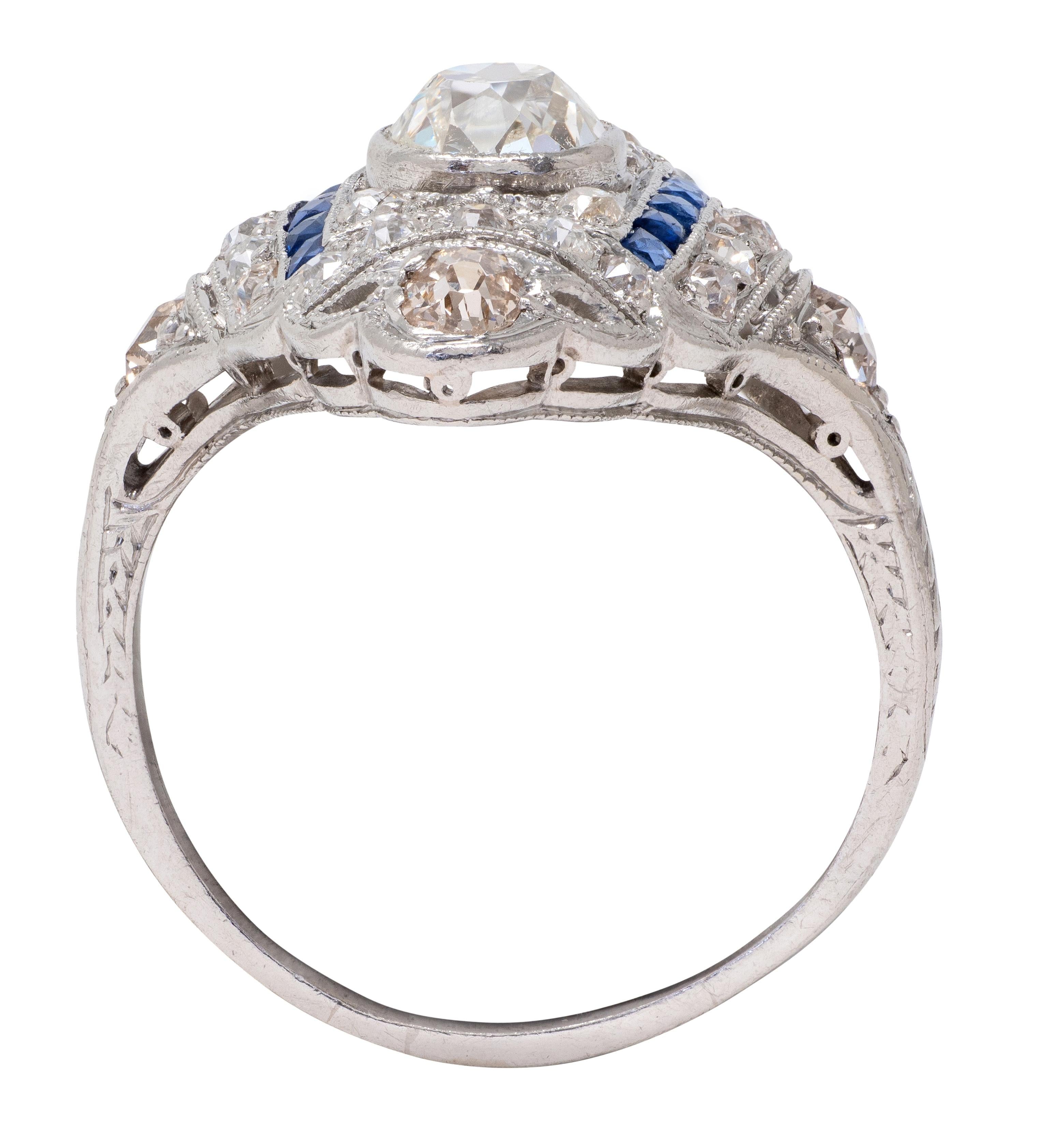 Art Deco 2.33 CTW Diamond Sapphire Platinum Vintage Foliate Navette Dinner Ring