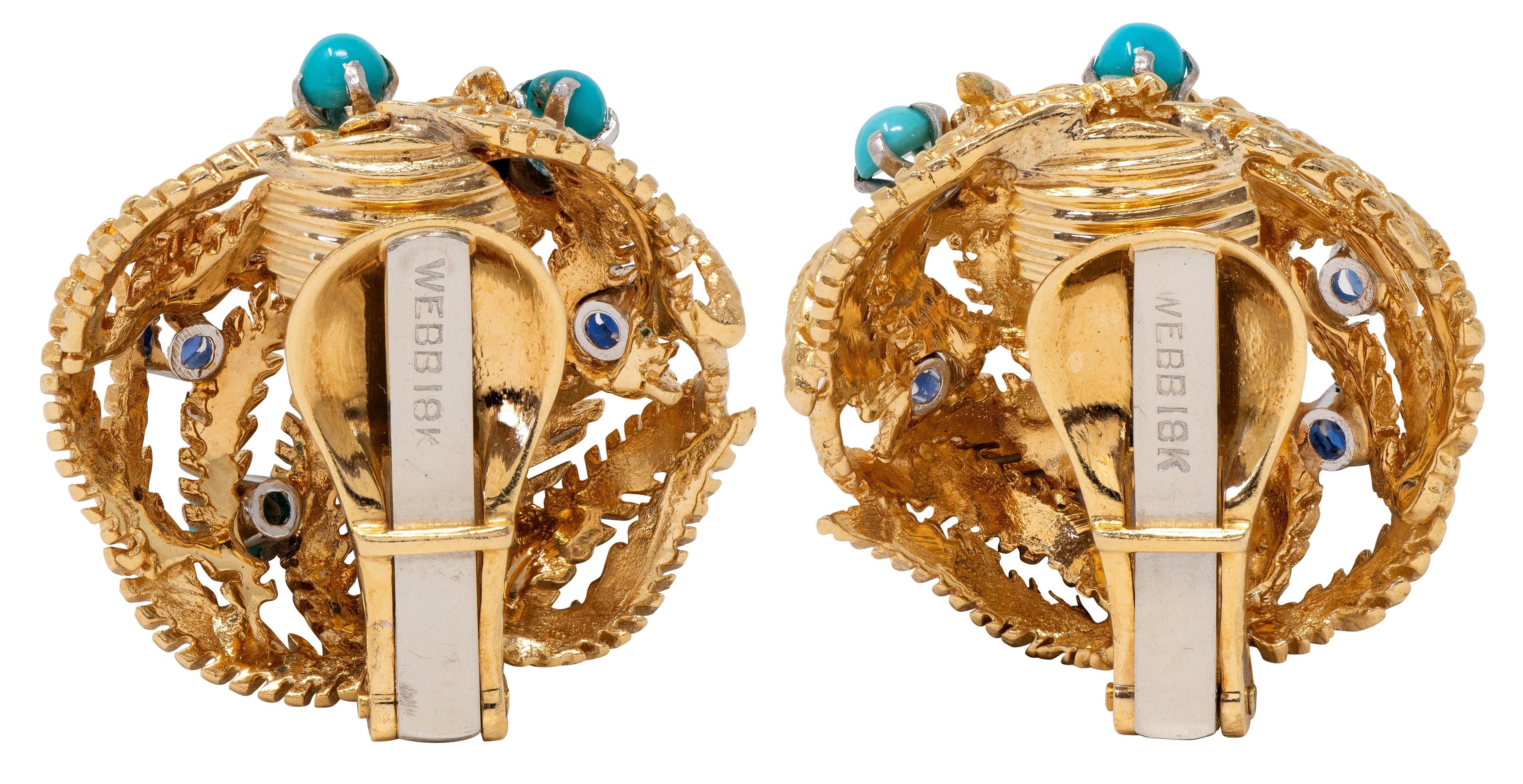 David Webb 1960's Sapphire Turquoise 18K Gold Platinum Feather Ear-Clip Earrings