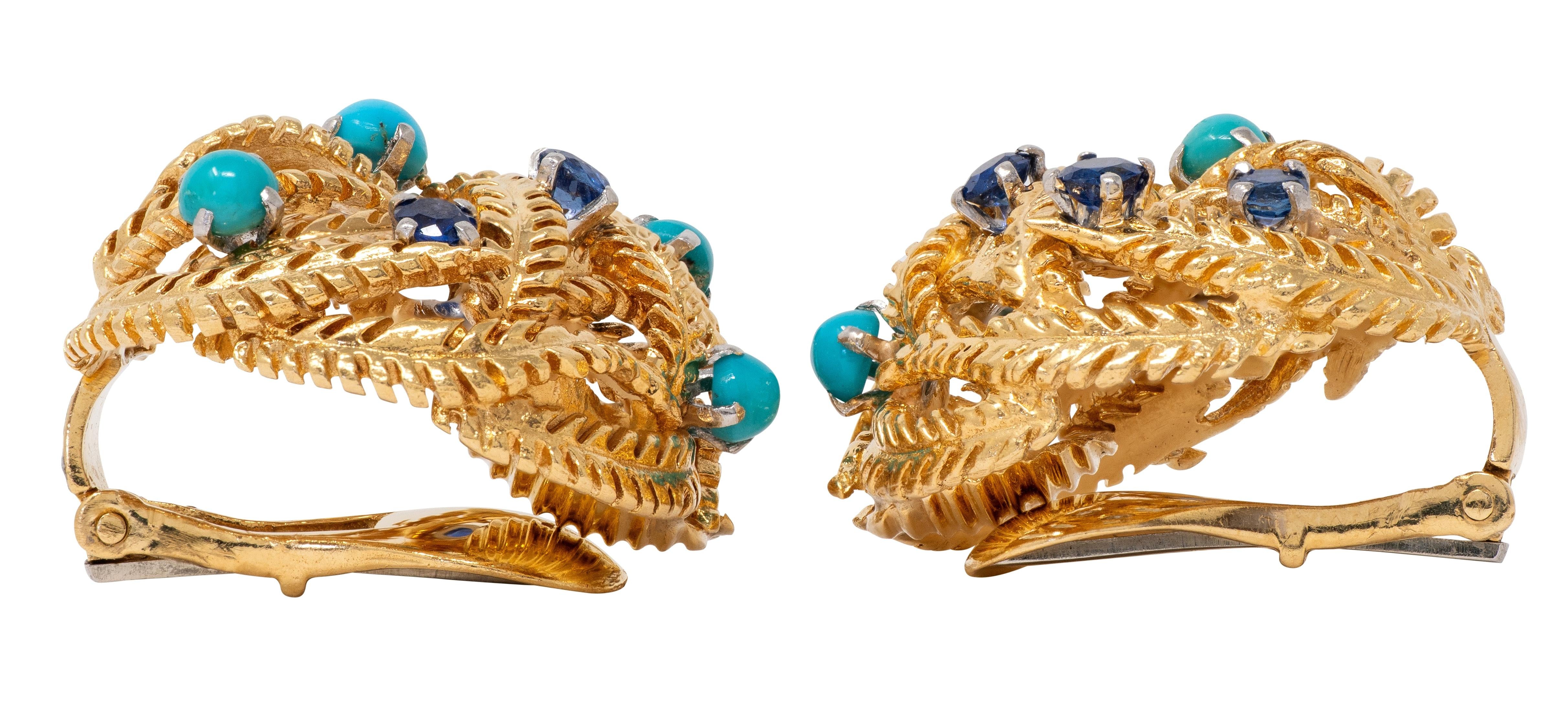 David Webb 1960's Sapphire Turquoise 18K Gold Platinum Feather Ear-Clip Earrings