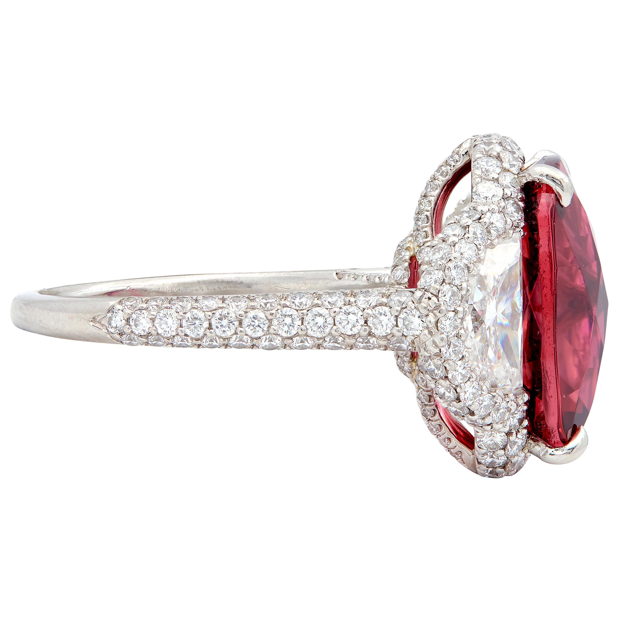 Diamond Rubellite Tourmaline Platinum Contemporary Three Stone Halo Ring
