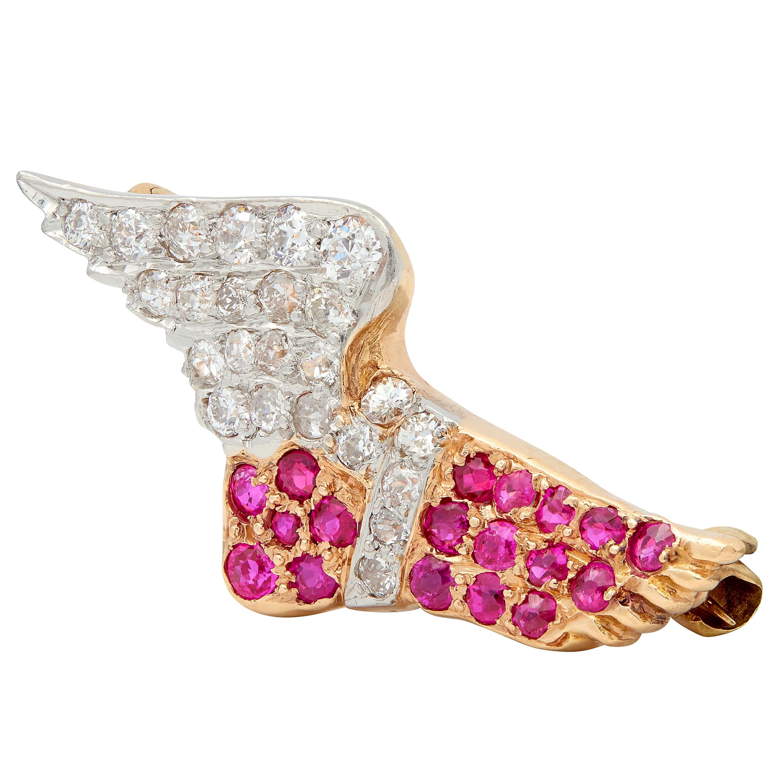 Edwardian Ruby Diamond 14 Karat Gold Platinum Antique Winged Hermes Foot Brooch