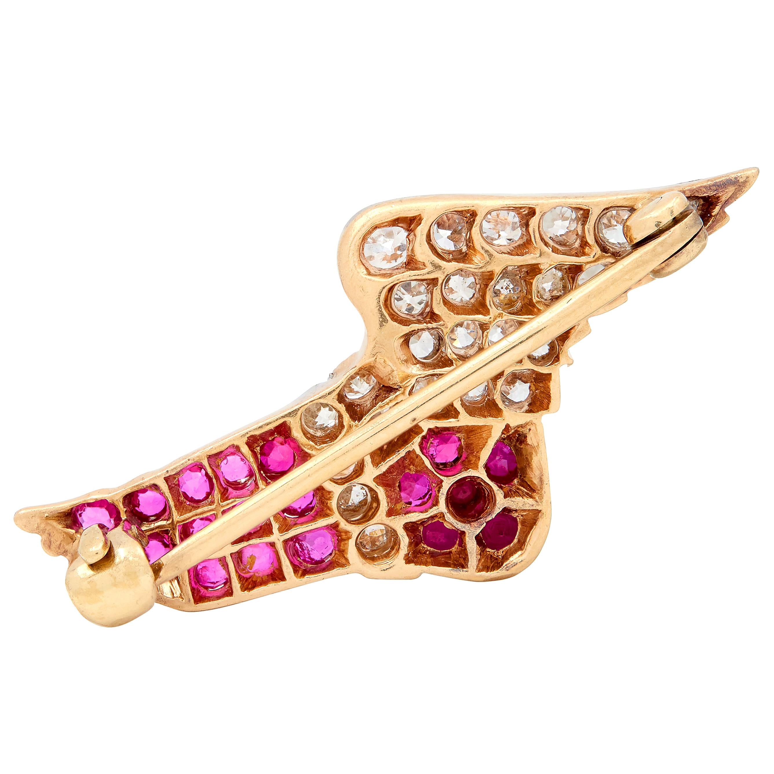 Edwardian Ruby Diamond 14 Karat Gold Platinum Antique Winged Hermes Foot Brooch