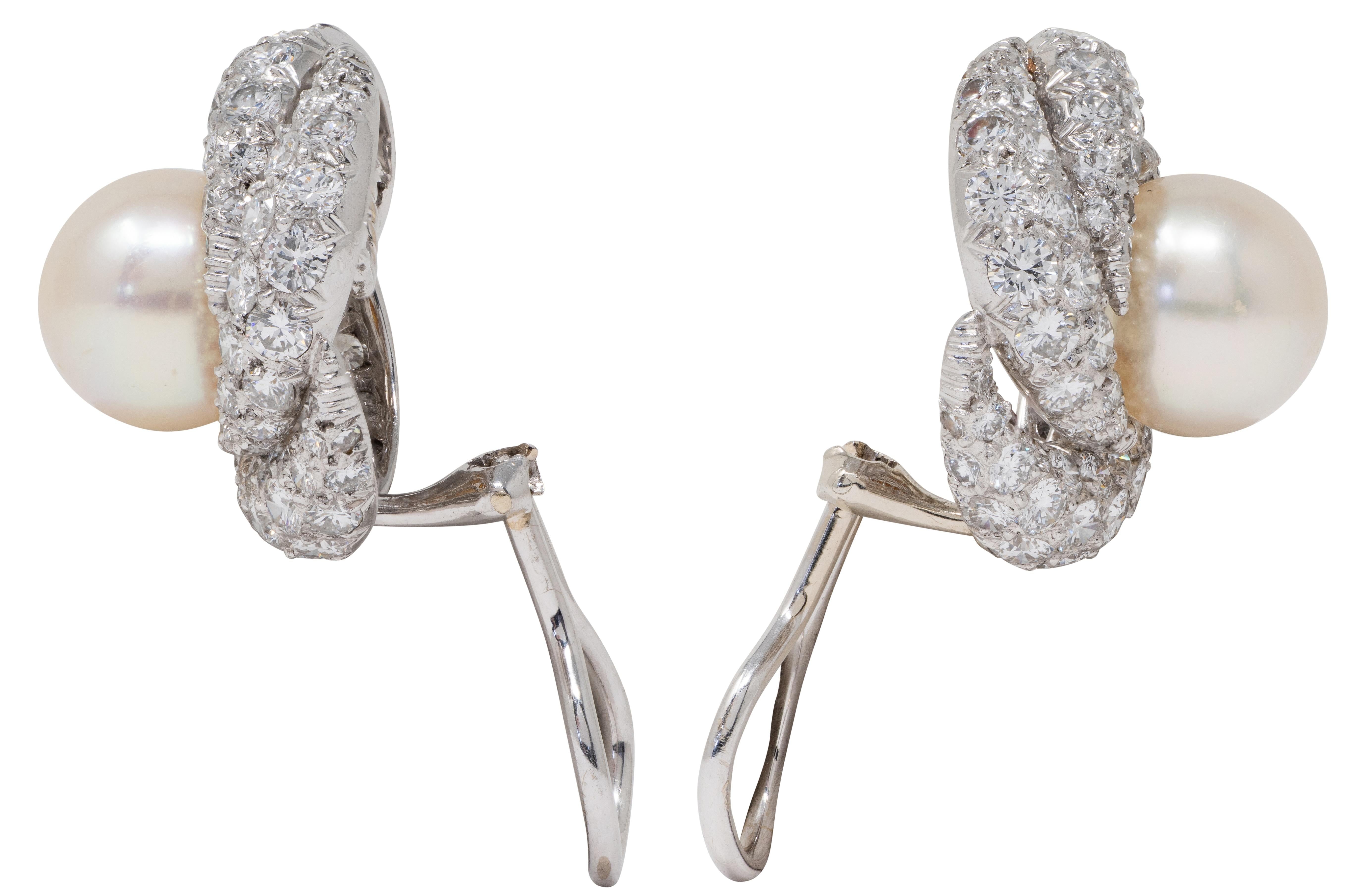 Mid-Century Diamond South Sea Pearl Platinum Vintage Pavé Swirl Ear-Clip Earring