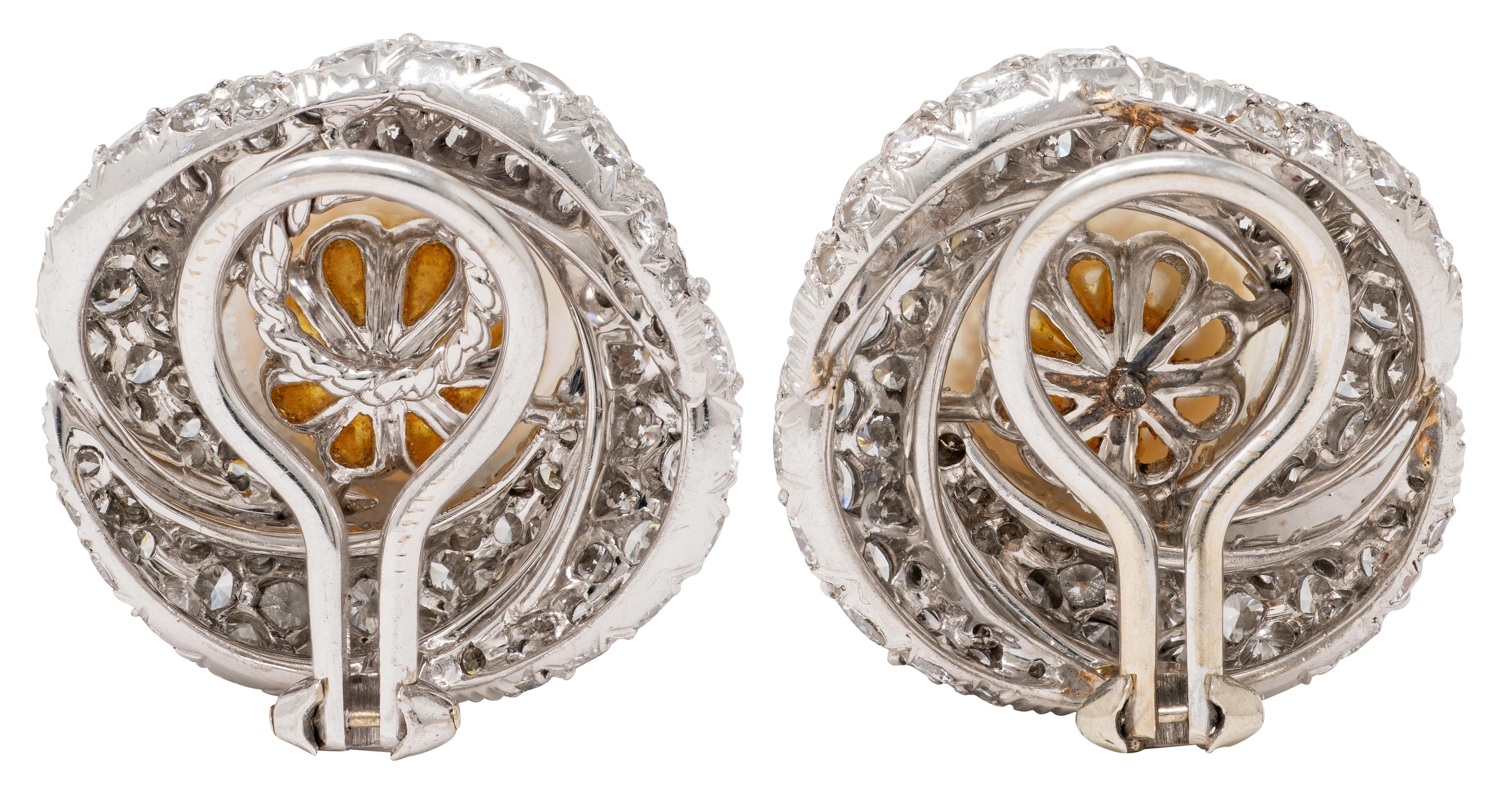Mid-Century Diamond South Sea Pearl Platinum Vintage Pavé Swirl Ear-Clip Earring