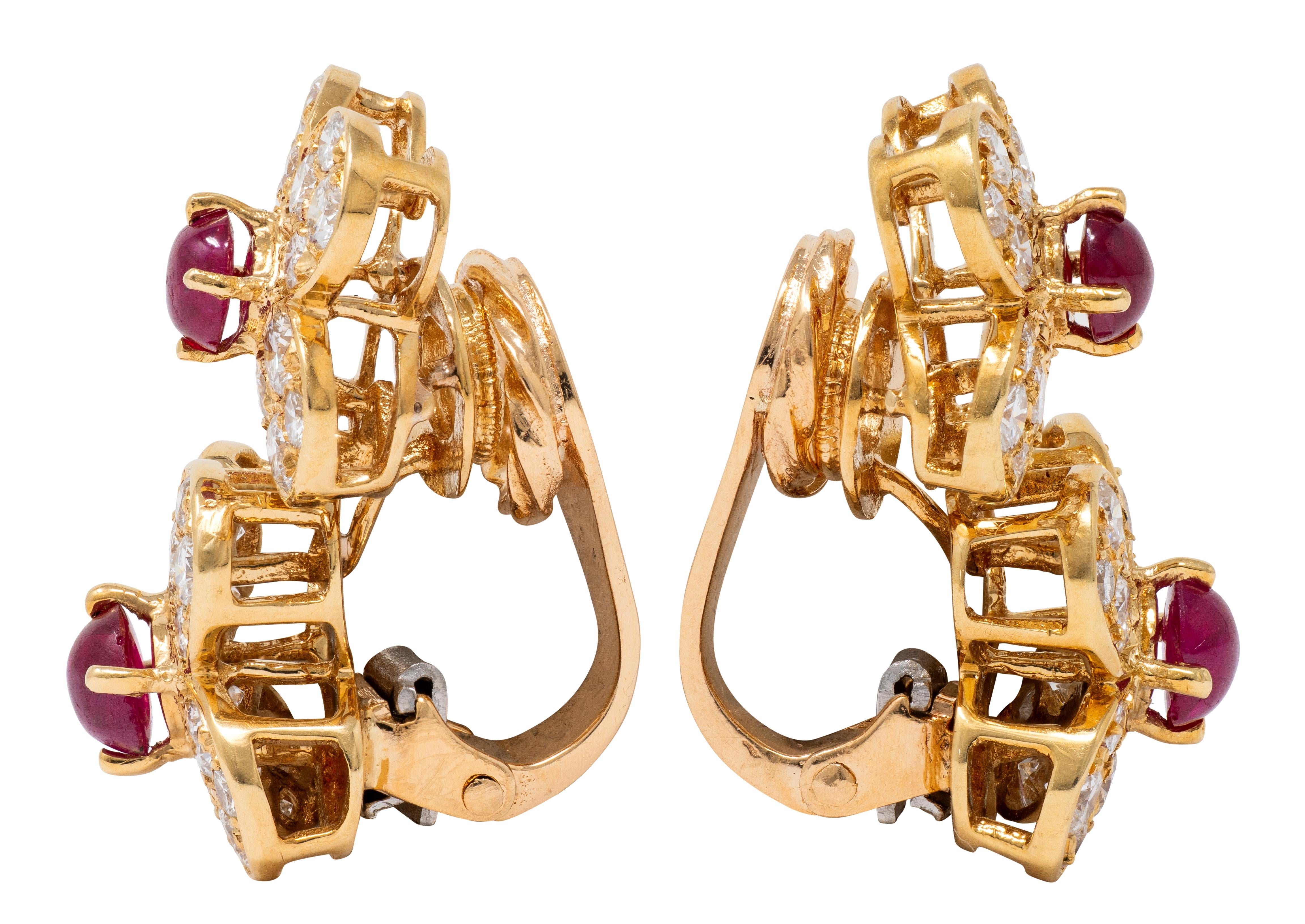 Van Cleef & Arpels French Diamond Ruby 18K Gold Vintage Trefle Ear-Clip Earrings