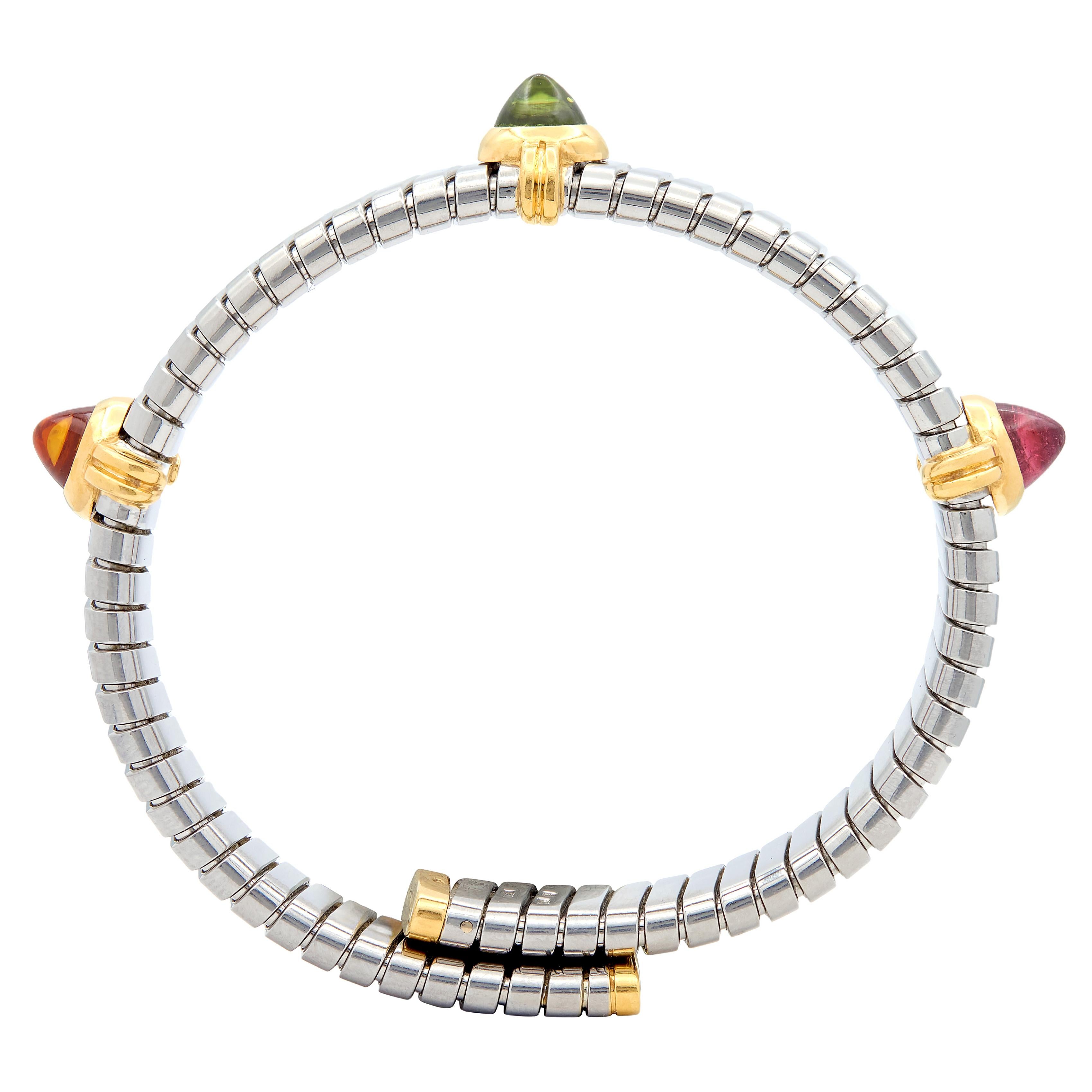 Bulgari 1980's Multi-Gem 18K Yellow Gold Steel Vintage Tubogas Cuff Bracelet