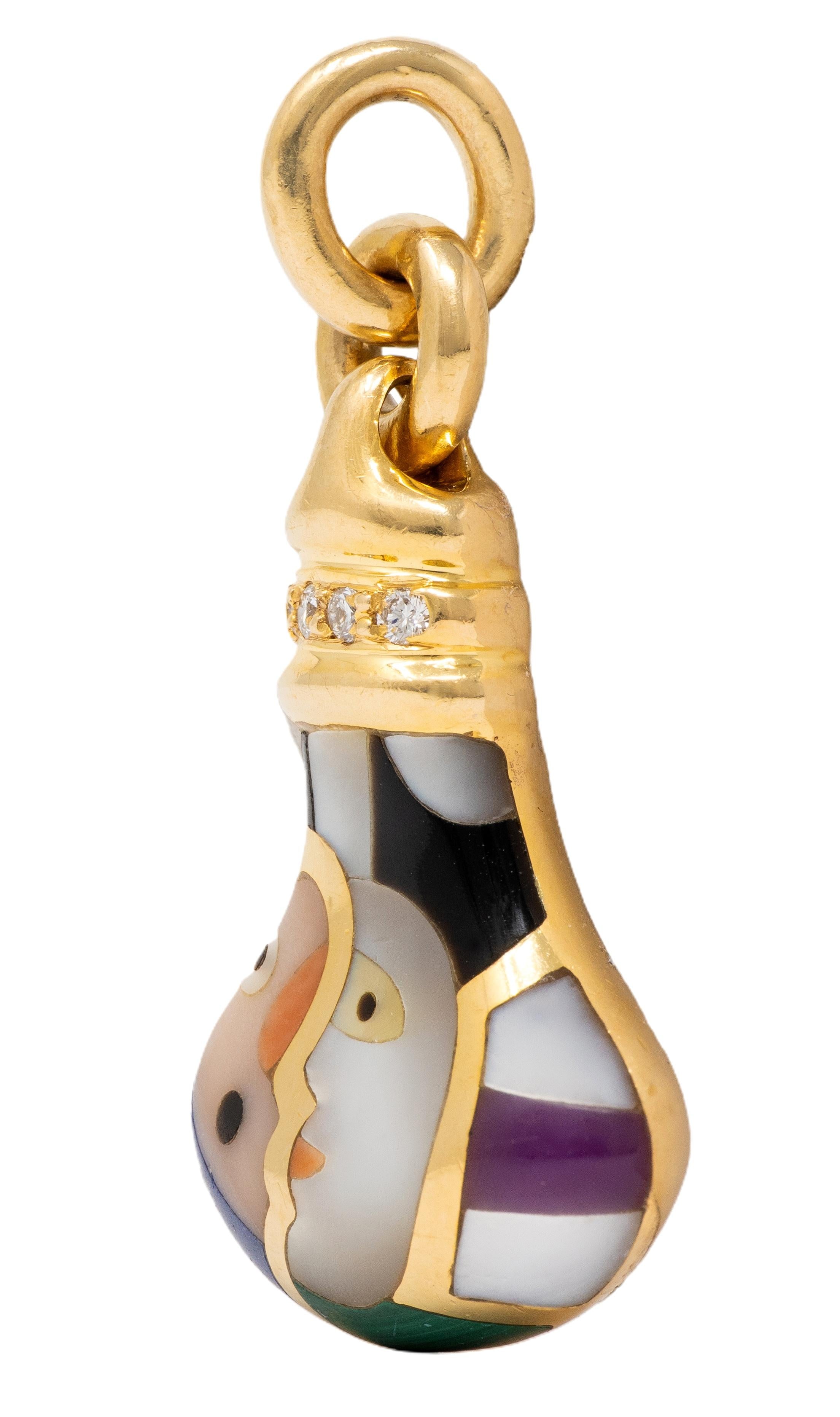 Asch Grossbardt 1980's Diamond Multi-Gem 14K Gold Vintage Moon Inlay Charm